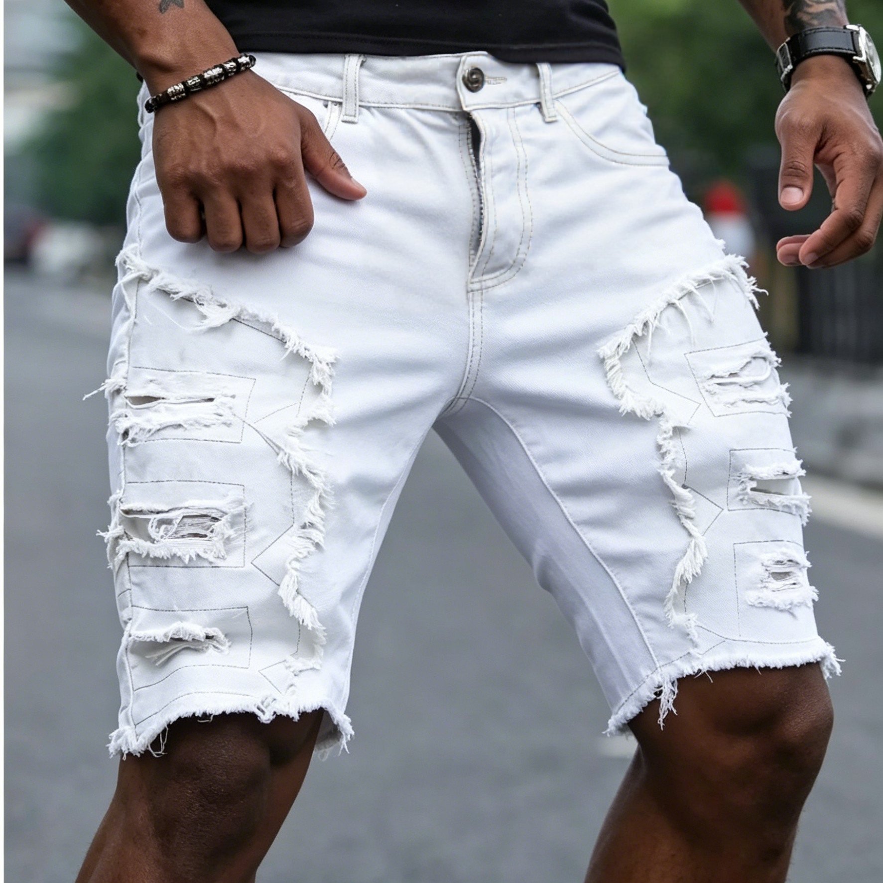 Image of [hme]z398 And Summer Bermuda Denim Shorts. White Frayed Design, Wear-resistant With Premium Texture. Heavy Wash, Loose Straight Five-inch Cut For Skateboarding, Perfect For Casual Wear And Camping