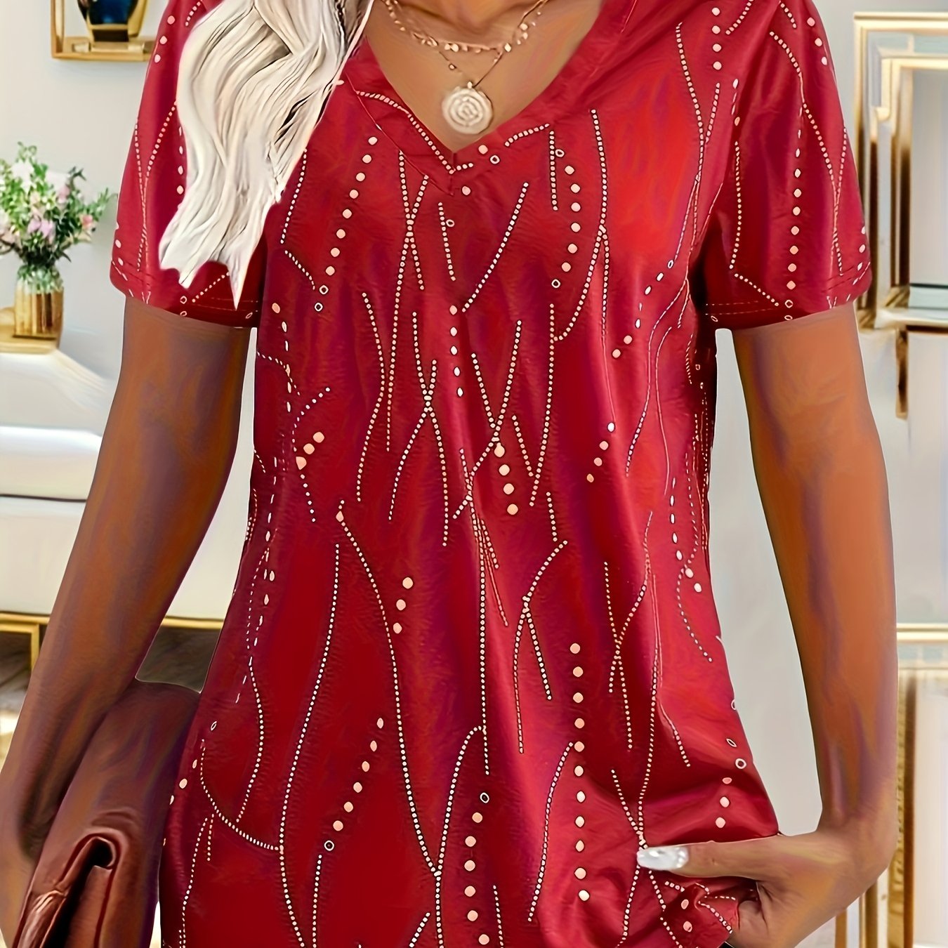 TEMU Plus Size Polka Dot Print T-shirt, Casual Short Sleeve V Neck Top For , Women's Plus Size Clothing