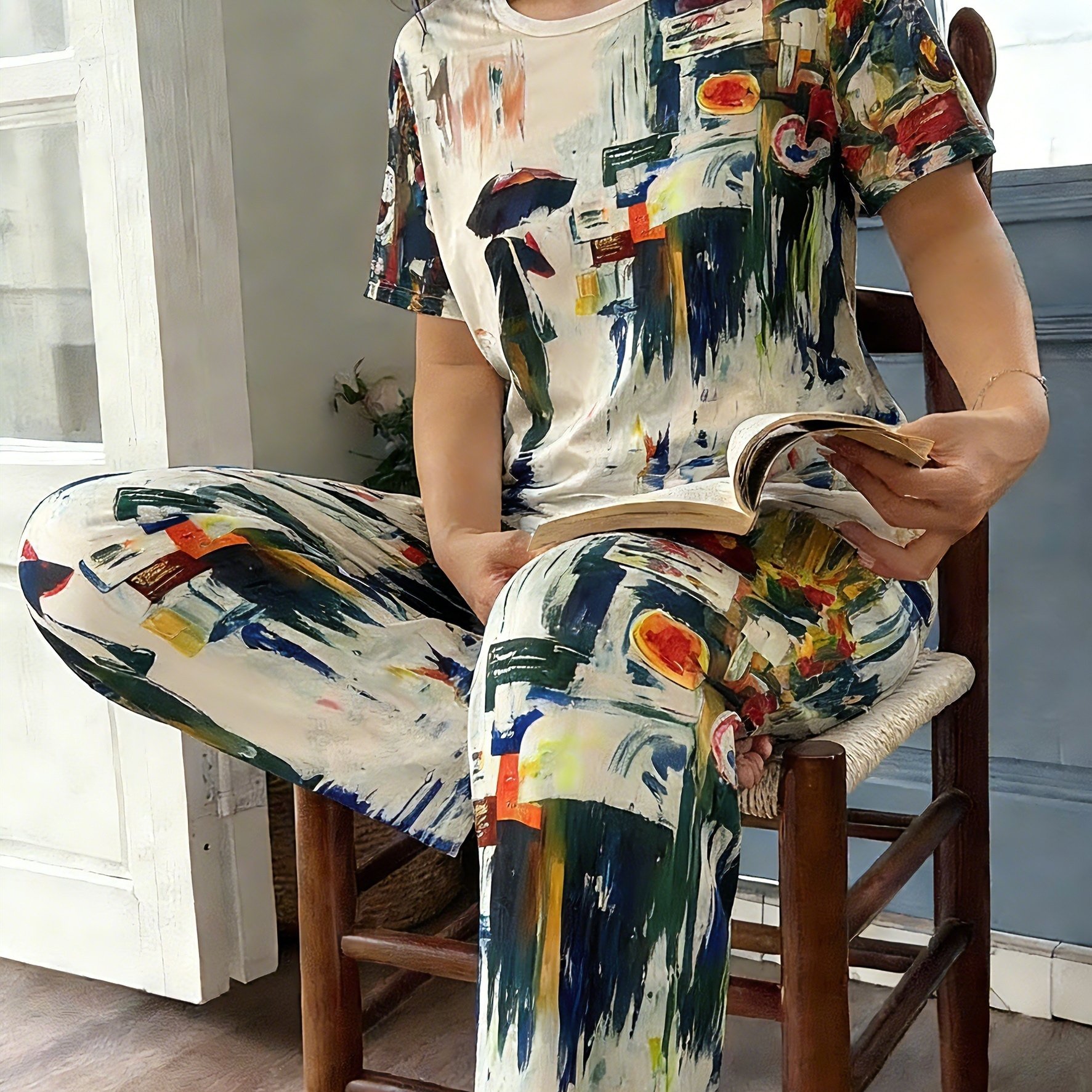 TEMU 2pcs Abstract Art Oil Painting City Printed Pajama Set | Comfortable Wearable Homewear With Crew Neck And Drawing Pattern