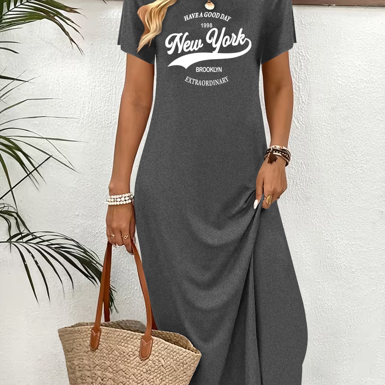 TEMU Women' Print Maxi Dress - Short Sleeve Round Neck Beach Dress With Lettering, Soft Breathable Machine Washable Midi/maxi Length Suitable For