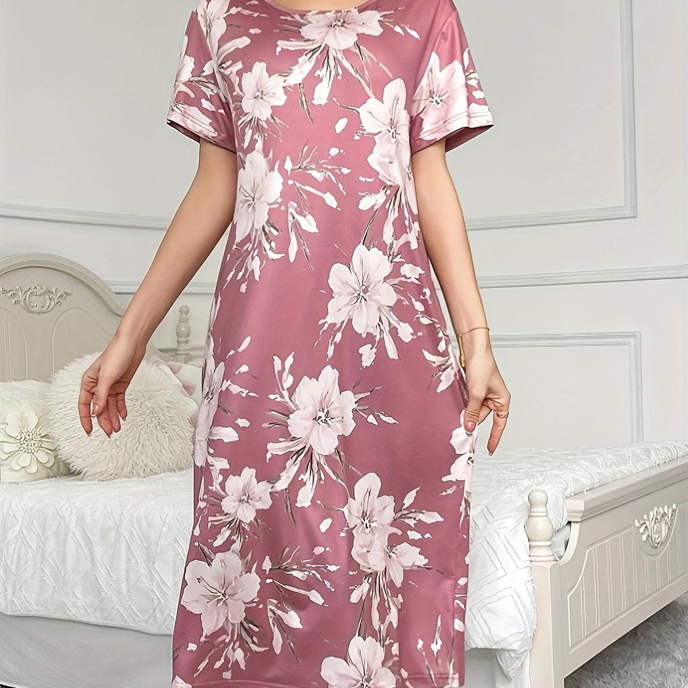 TEMU Beauty, Women's Floral Sleepwear Dress, Short Sleeve Round Neck Tee Dress, Comfortable Nightgown, Plus Size Night Dress, Floral Print