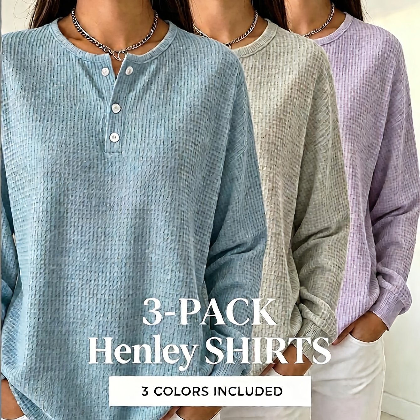 TEMU Women's 3pcs Casual Solid Color Waffle Crewneck Sweatshirt A And Versatile Staple Suitable Lightweight And Easy To Style Casual Attire