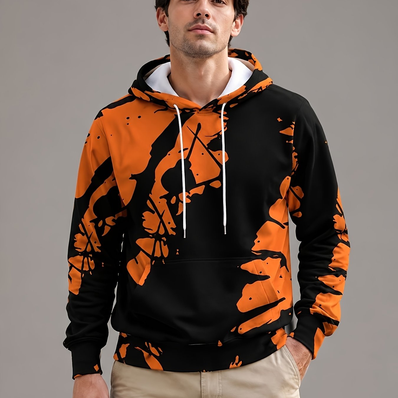 TEMU Men's Long Sleeve Pullover Hooded Sweatshirt, Black And Orange Abstract Print, Digital Printing, Drawstring Hood, Ribbed Cuffs, Polyester Fiber,