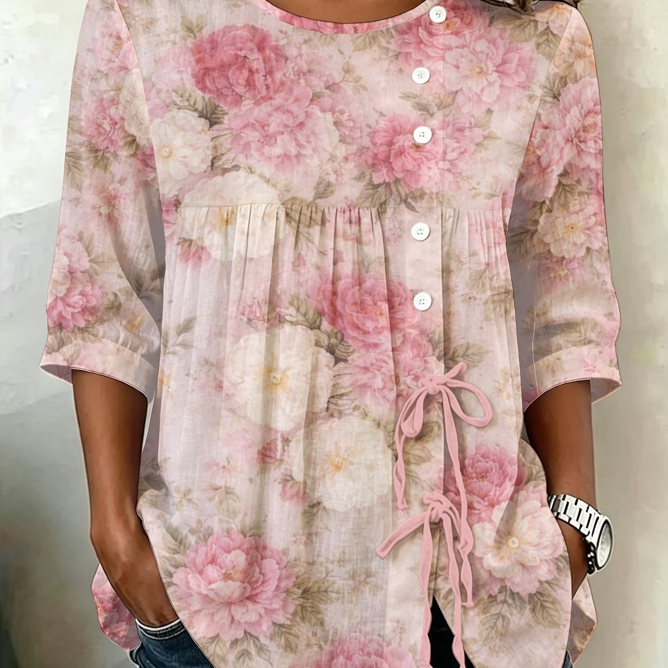 TEMU Plus Size - Vintage Peony Floral Women's Plus Size Button Tie Front Blouse Oversized Longline Essential For Spring Summer Trend Floral Pattern