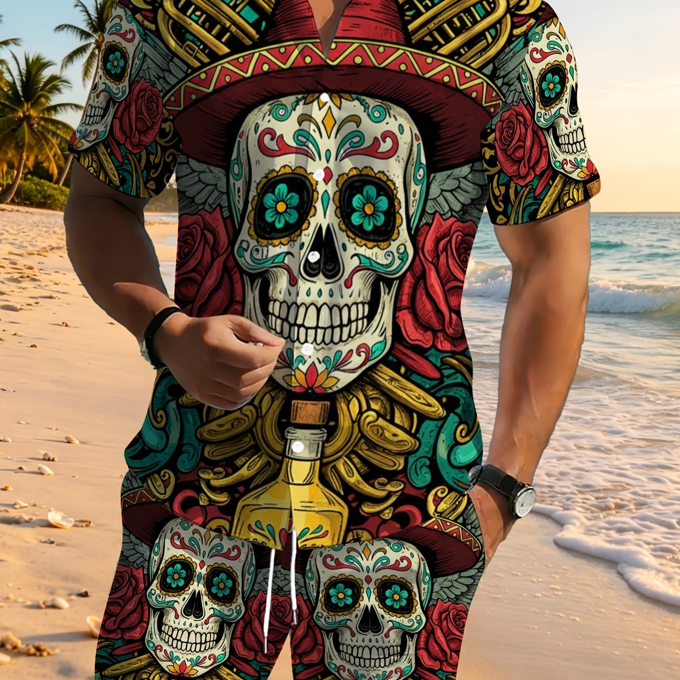 TEMU [printed Design Not Textured] Men's Casual Sport Suit With Colorful Sugar Skull Print, Polyester Material, Lightweight And Durable, Perfect For