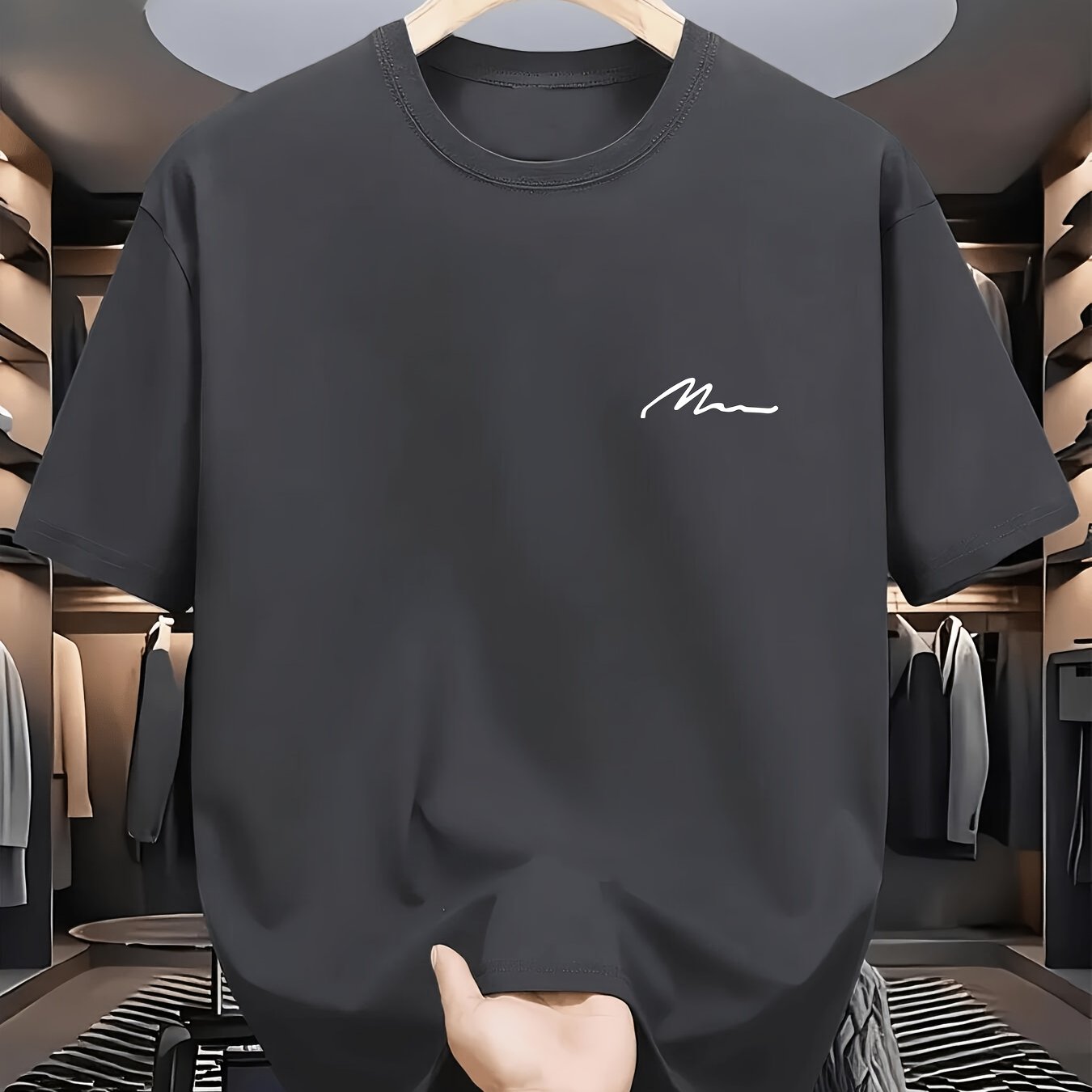 TEMU Minimalist Man Handwritten Signature Small -shirt Extremely Easy Style Ins Trendy Brand Commuter Versatile Loose, Polyester Fiber Fabric, Round