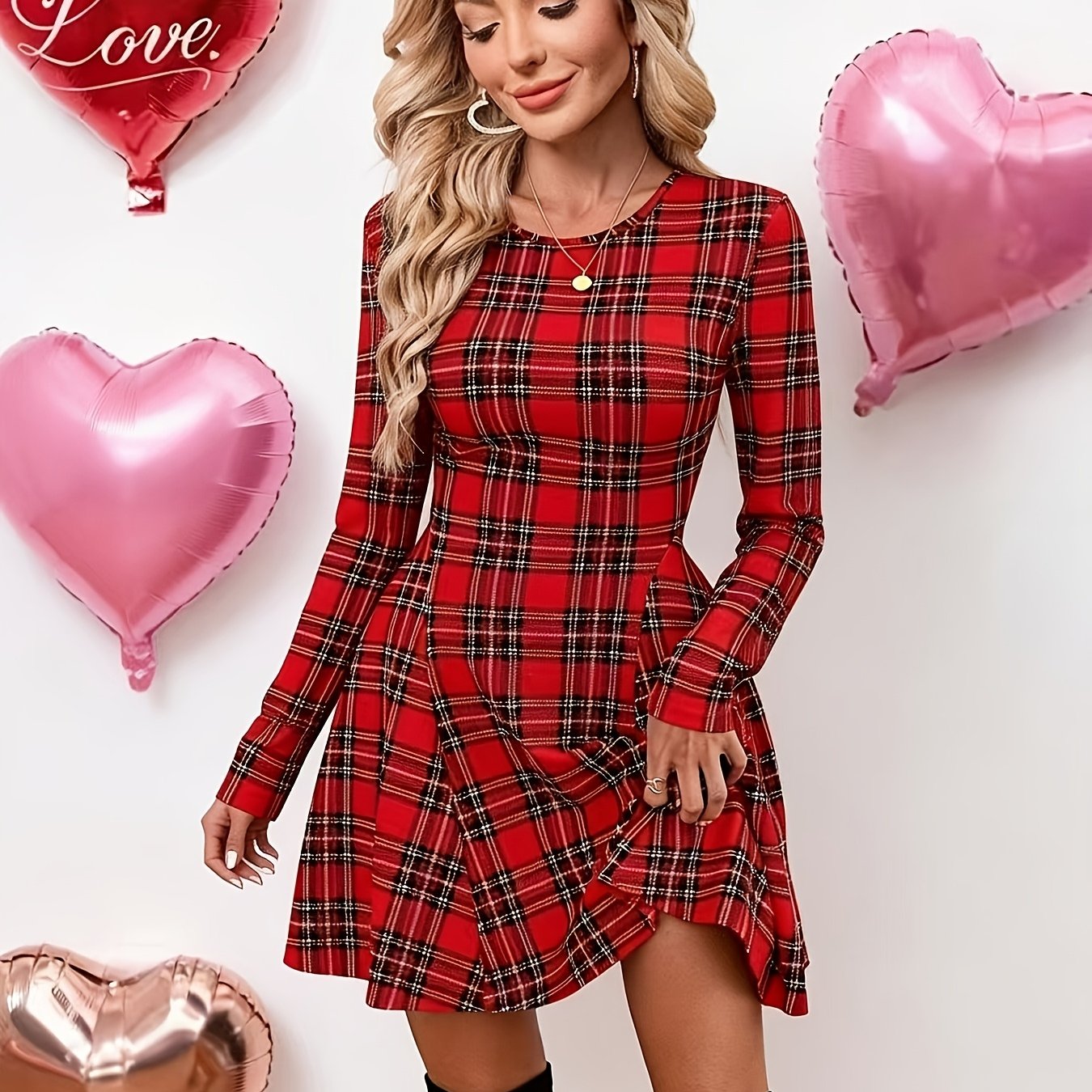 E-shop 2026 Neues Frühlings Damen Kleid mit Rundhalsausschnitt, A-Linie und Karomuster, elegantes Kleid