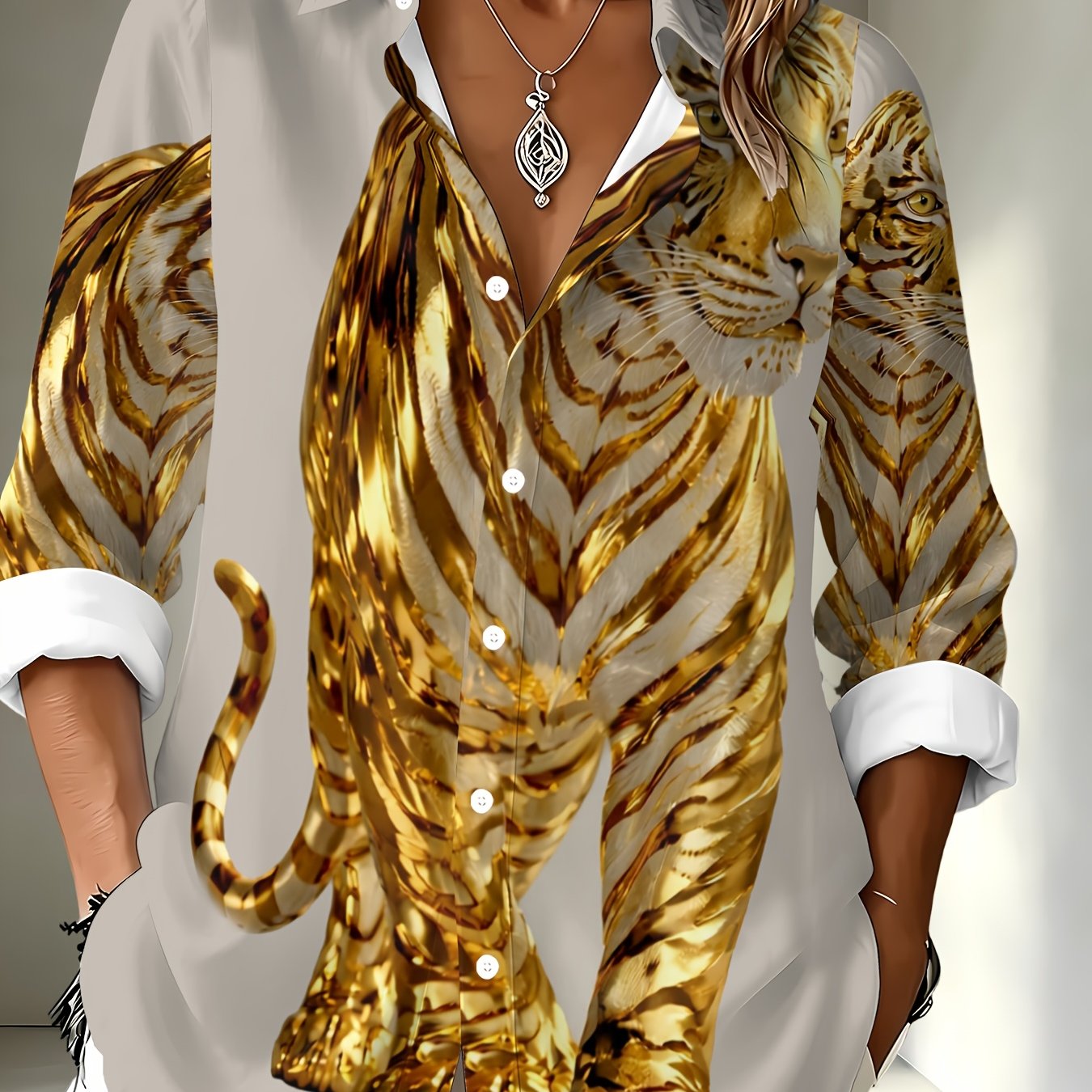 TEMU [print Design - Not Texture] Mid-length Women's Long Sleeve Shirt True Size Pattern Wind Female Printed Shirt Mid-length Metallic Tiger Women's