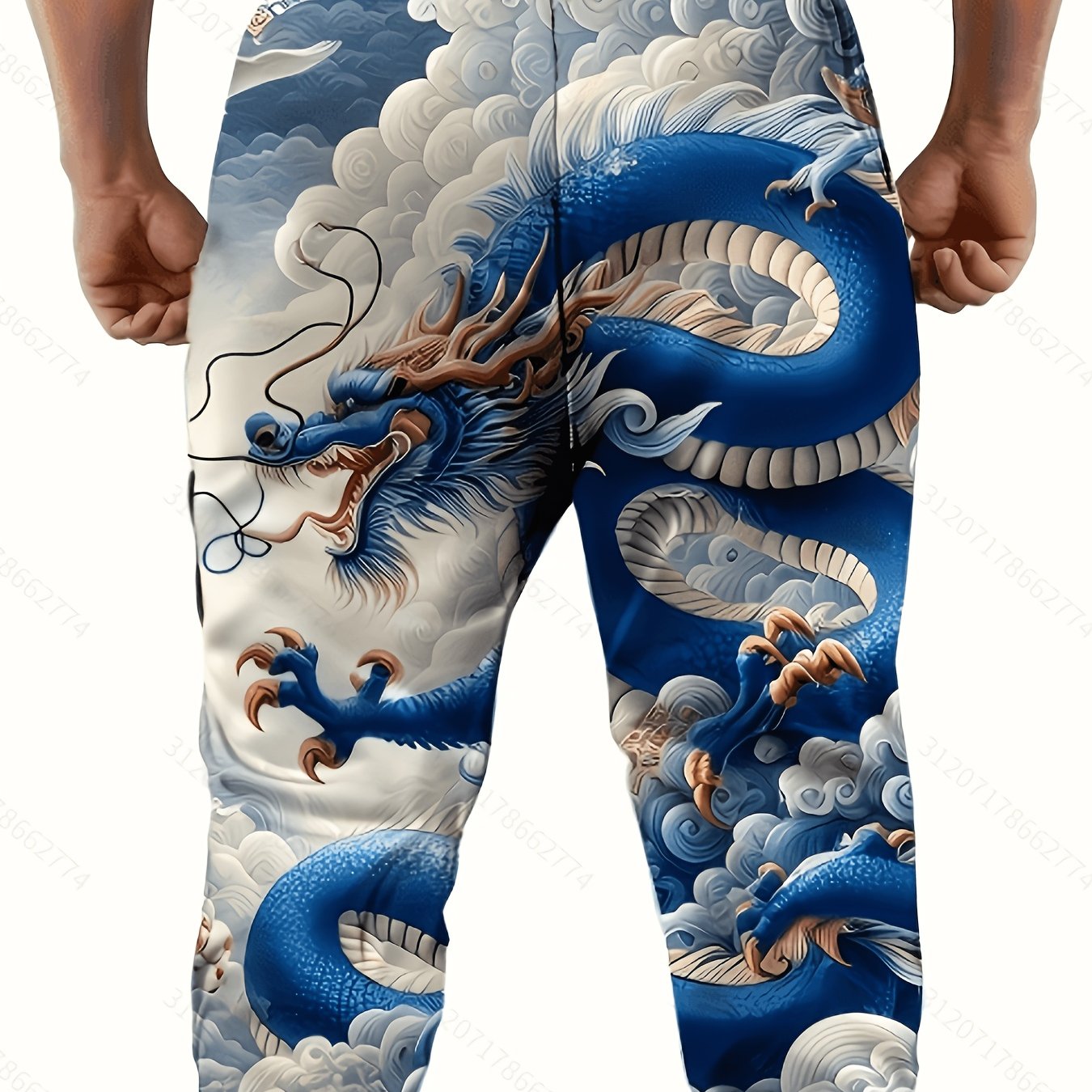 TEMU Men's Fashionable Blue Dragon Print Jogger Pants With Drawstring And Pockets