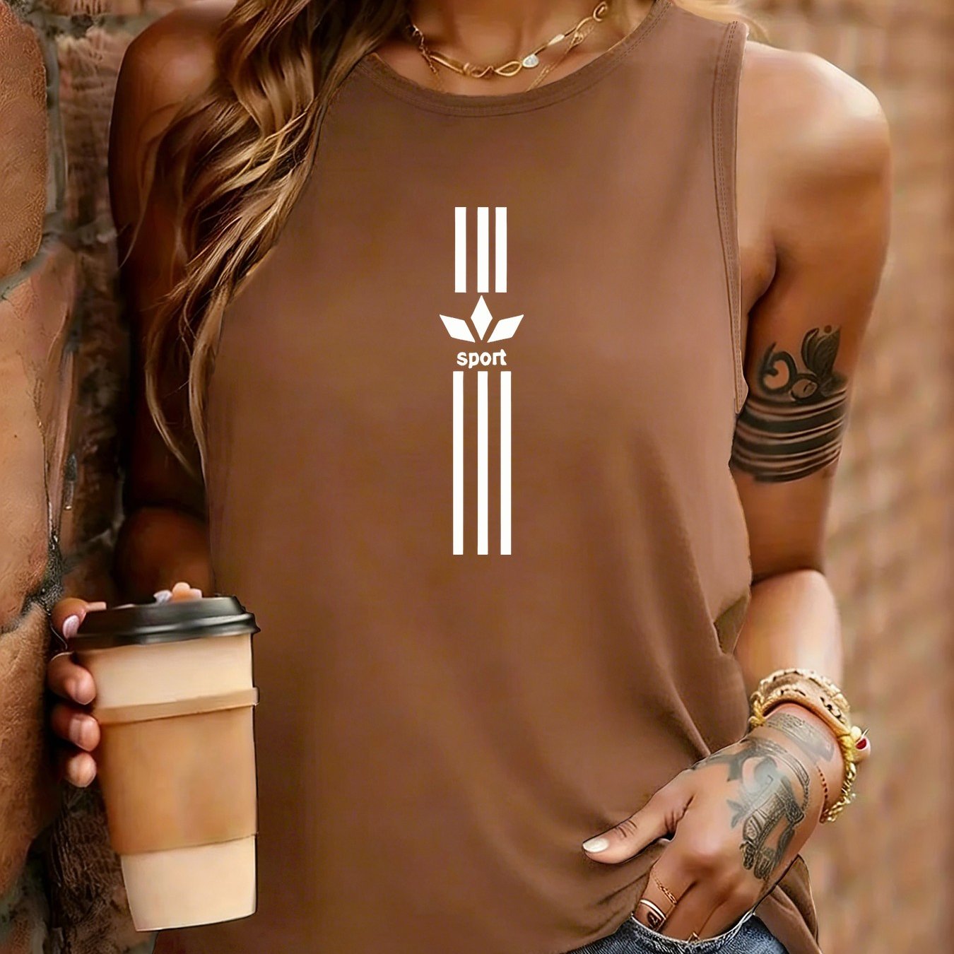 TEMU Walking A -beautiful Casual Athletic Style Women' Vertical Stripes Leaf Sports Print Sleeveless Vest Daily Fitness Outfit Top, Sexy Outfit, Soft