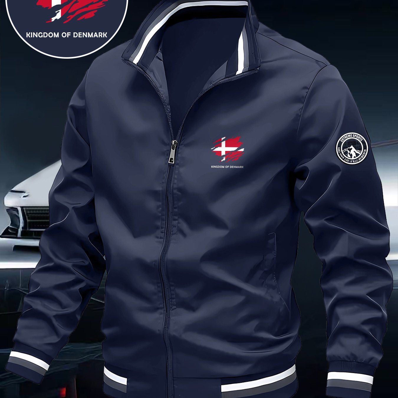 TEMU Men's Stand Collar Cardigan Jacket Featuring The Danish Flag Pattern, A Casual Zip-up Jacket Suitable For Outdoor Sports, Versatile And Stylish