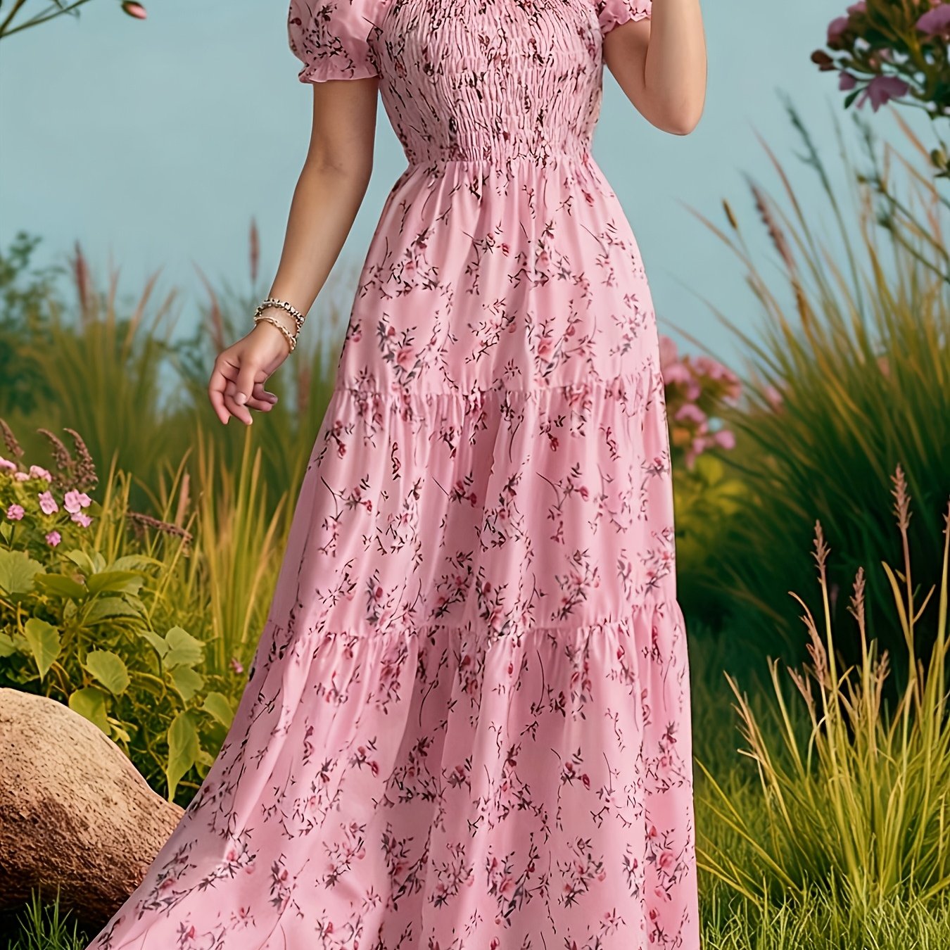 TEMU Women's Loose Floral Neck Puff Sleeve Elegant A-line Maxi Dress For Spring And Summer