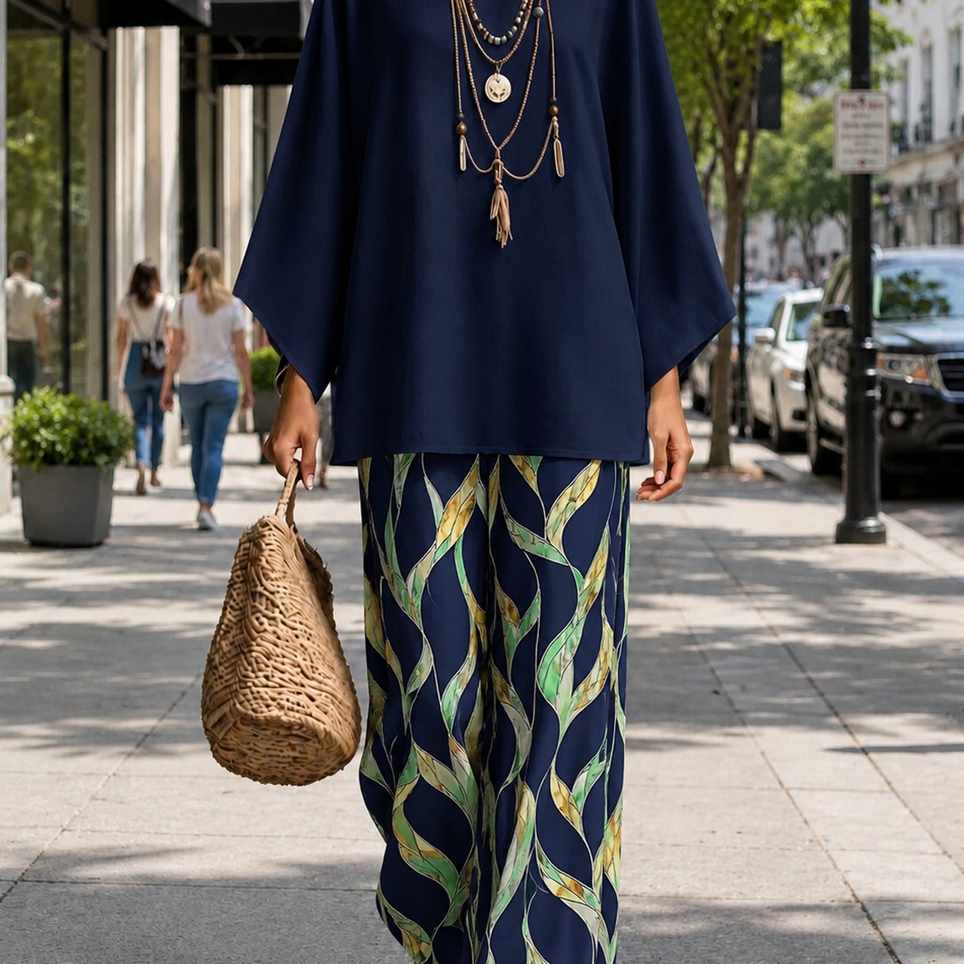 Image of Women'-piece Set, Crew Neck Loose Batwing Sleeve Top Wide Leg Pants, Navy Botanical Wavy Print Bohemian Vacation Outfit