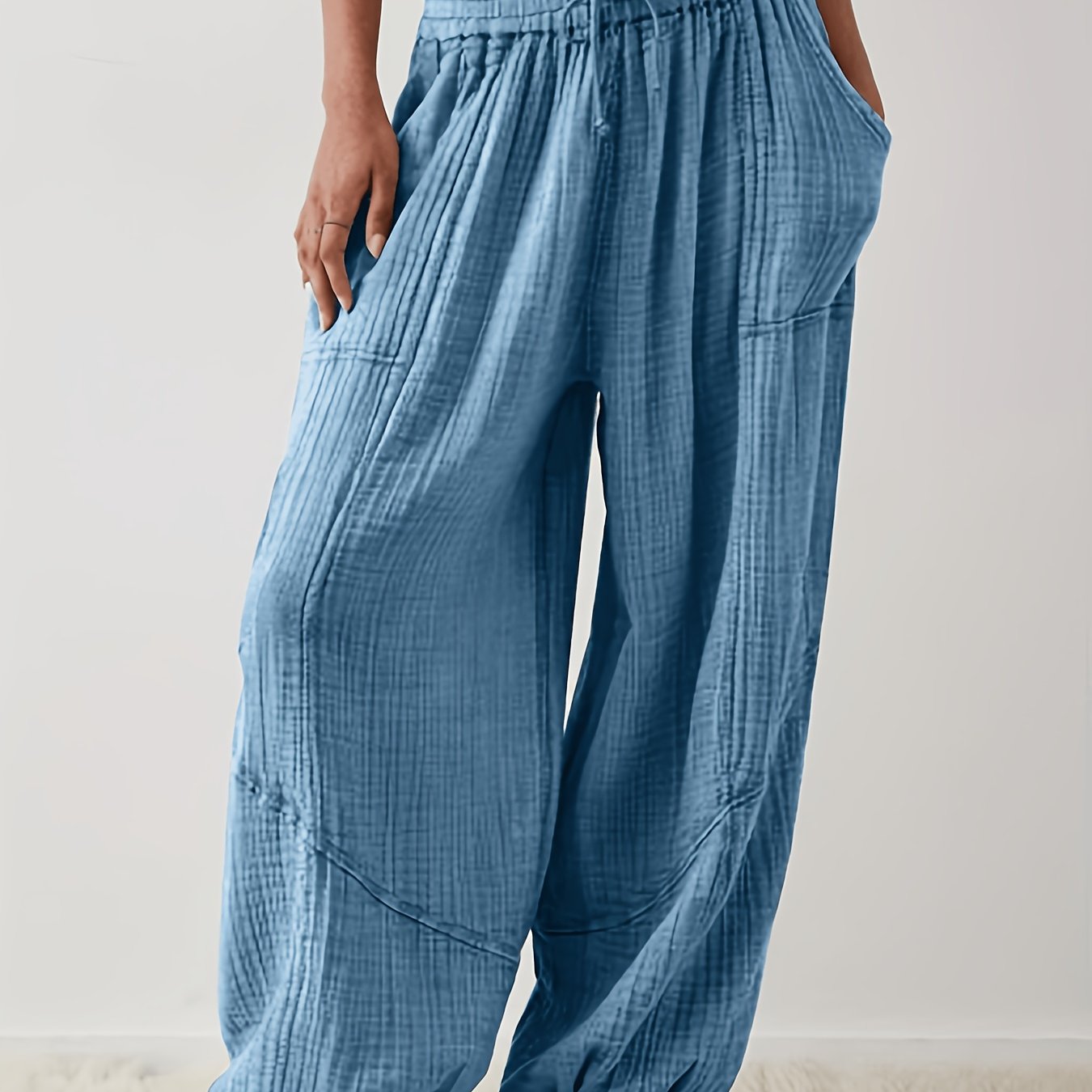 Image of Women's Plus Size Wide Leg Pants With Pockets, Elastic Drawstring High Waist Casual Trousers, Solid Color Loose Fit Bottoms For Shopping, Machine Washable, Great Thanksgiving New Year Gift For Her