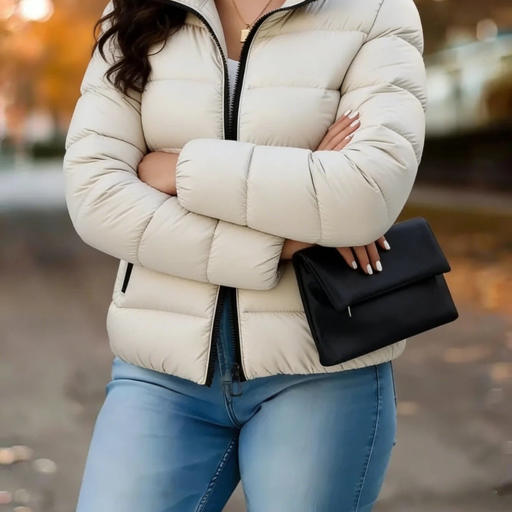 TEMU Women's Elegant Winter Warm Full-zip Stand Collar Jacket-wrinkle-free Coats, Korean-style Zip-up Outerwear, White/beige Options. High-quality,