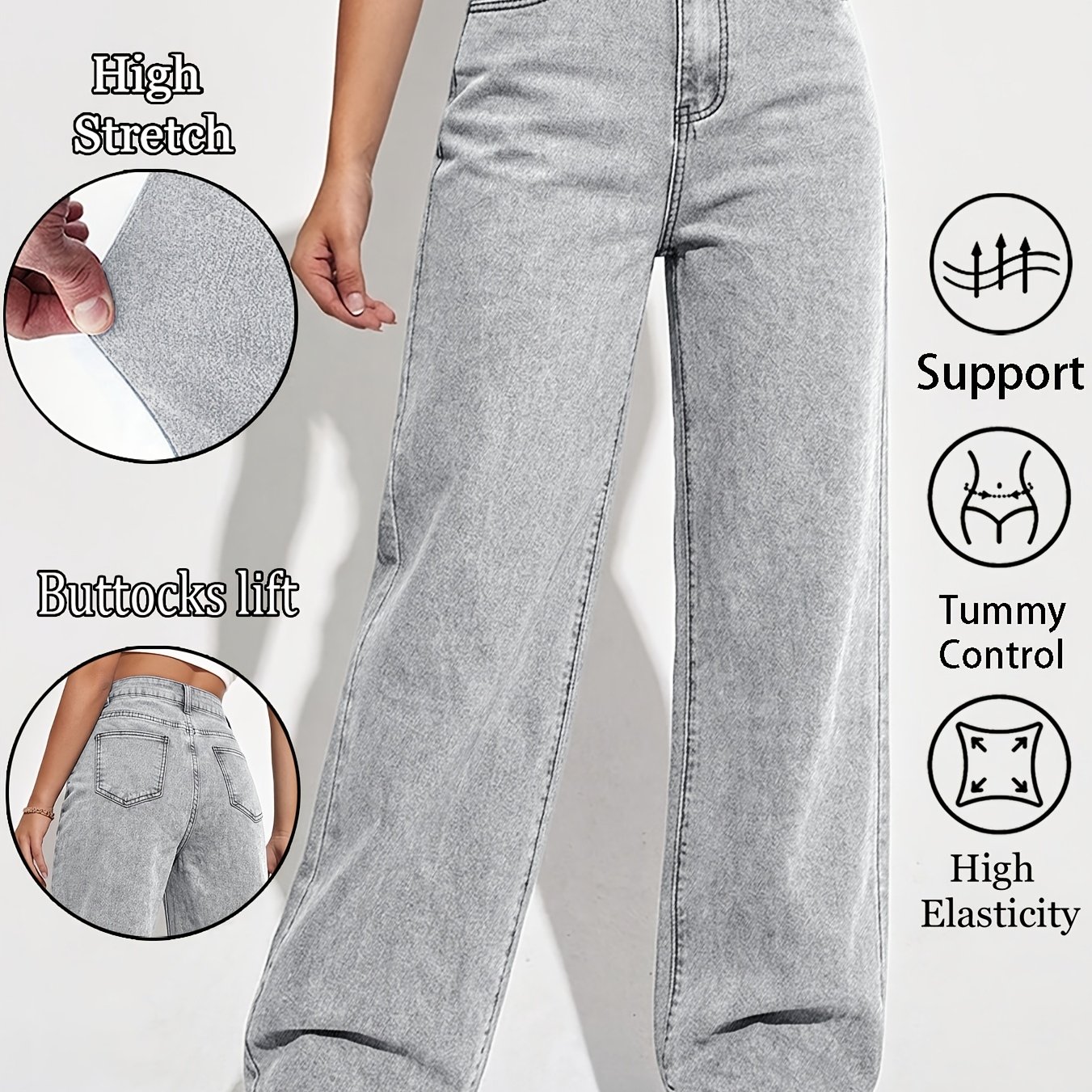 Image of Women's Fashionable Casual Wide-leg Pants, High Stretch Loose Version, High-waist Light Gray Washed Straight Jeans, Wear, Fashionable And Versatile Denim Trousers, Women's Jeans And Clothing