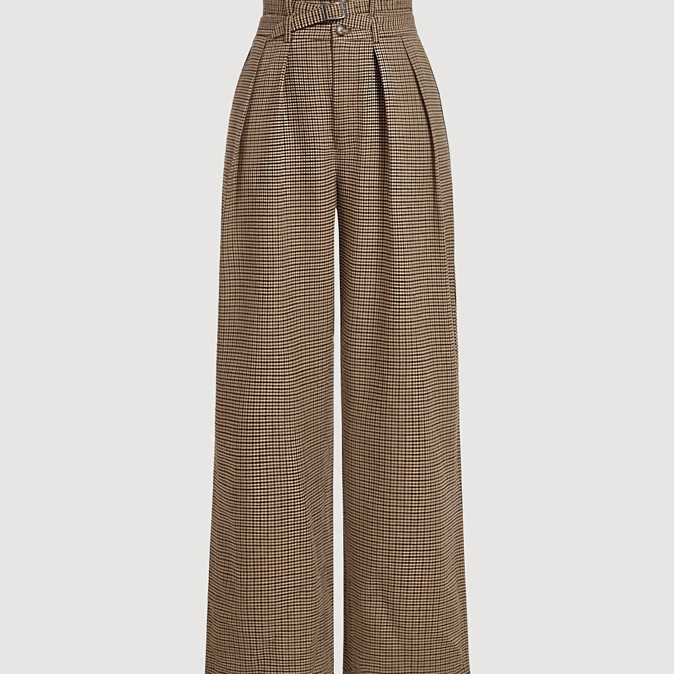 E-shop Damen Karierte High-Waist Hose mit Knopf Reißverschluss, Weite Beine, Elegante Modehose