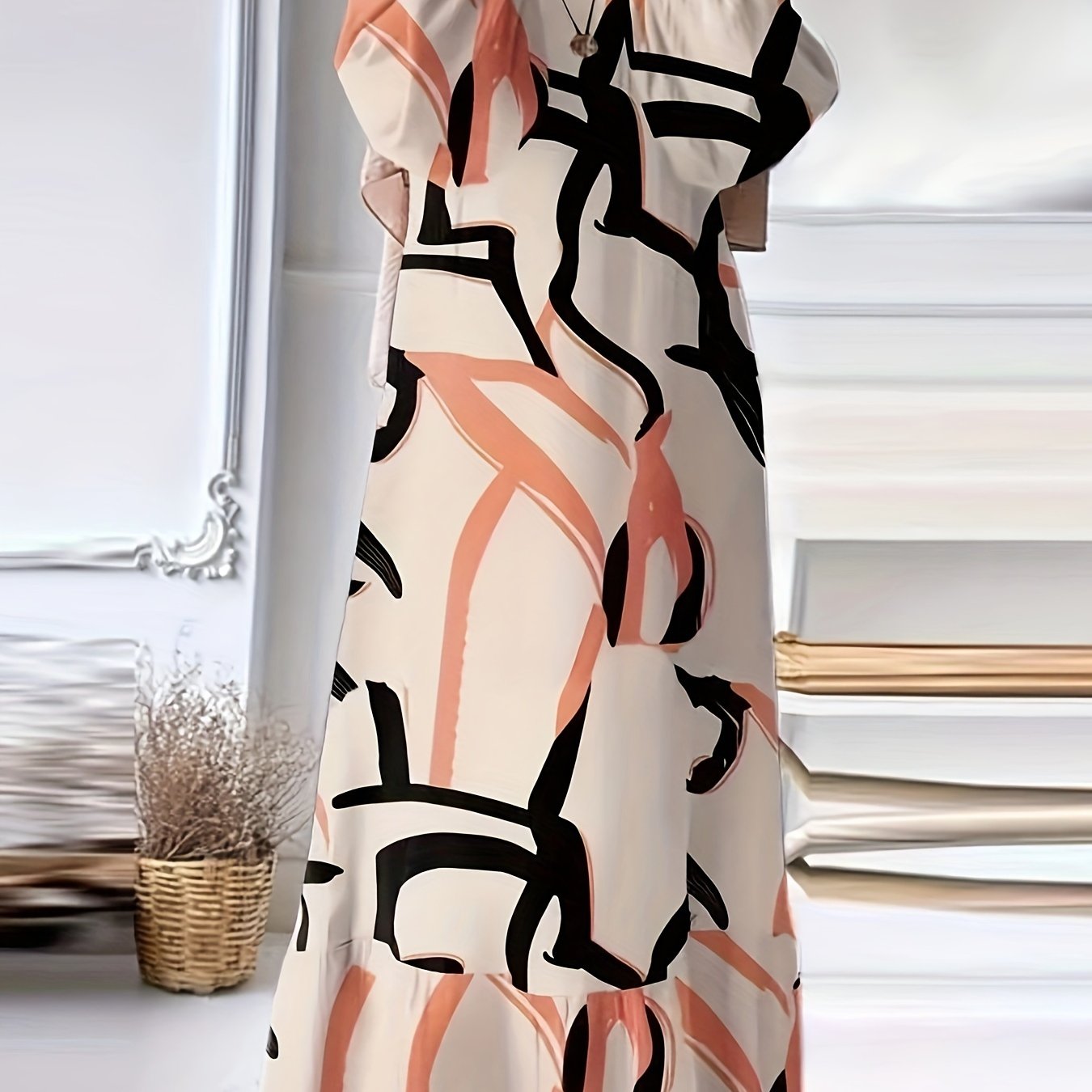 Image of Fashion Printed Women's Dress Long Sleeve Retro Loose Maxi Dress Ruffle