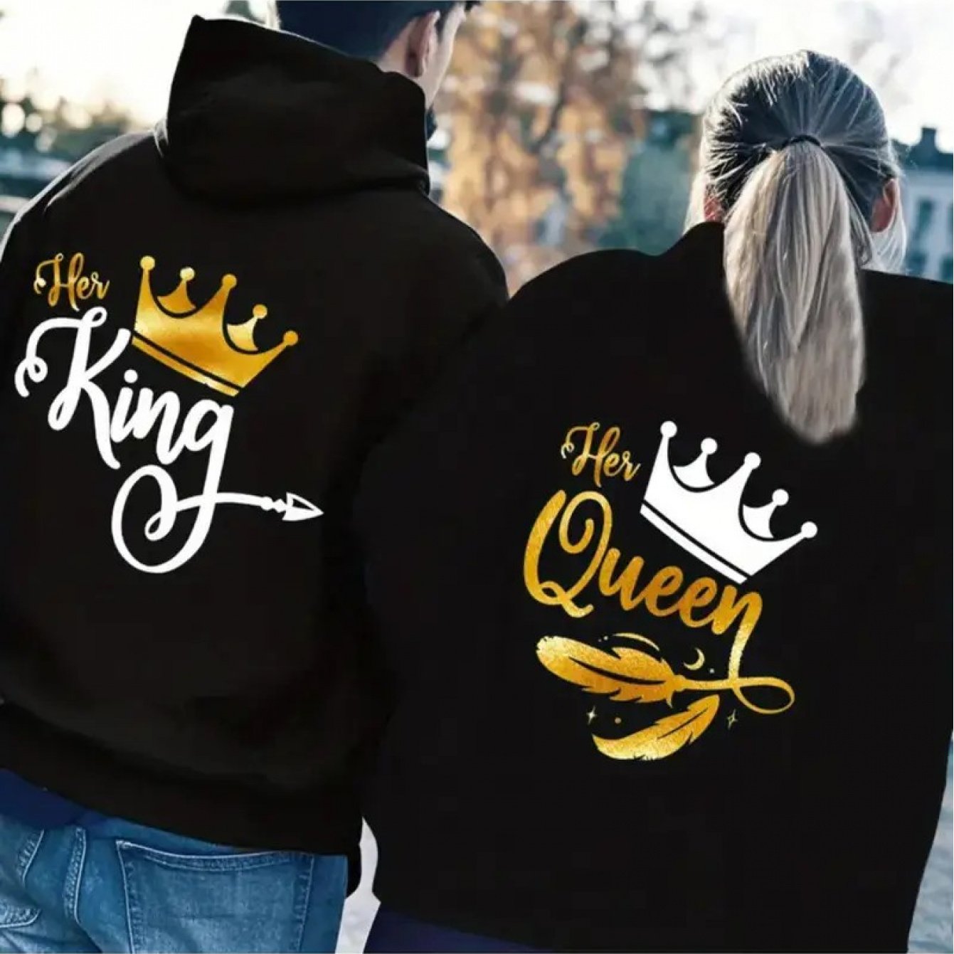 TEMU 2pcs Couple's Printed Casual Hooded Sweatshirt With Adjustable Drawstring Hood, Regular Fit, Featuring Queen Crown Print Elements, Casual Daily