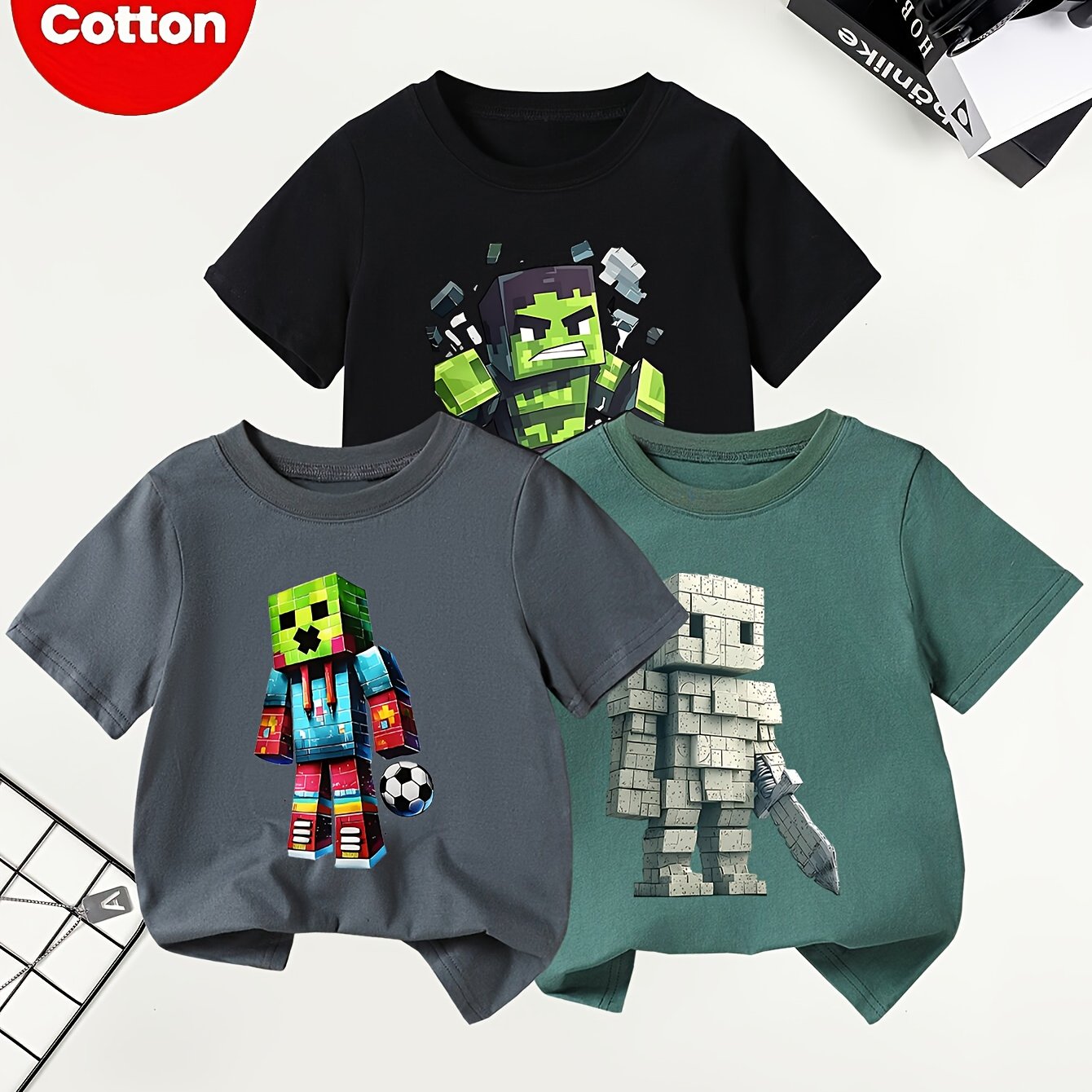 3pcs Set Of Boys' Summer Short Sleeve T-shirts With Cartoon Square Prints, Fabric