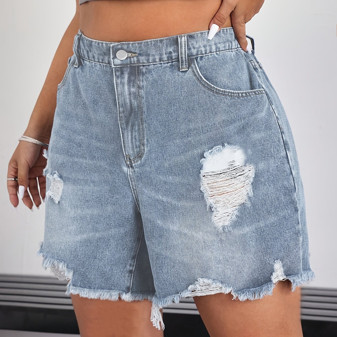 Image of Plus Size 2026 Women's Denim Shorts, Spring/summer , Ripped, Breathable, Comfortable, And Stylish Matching Women's Shorts
