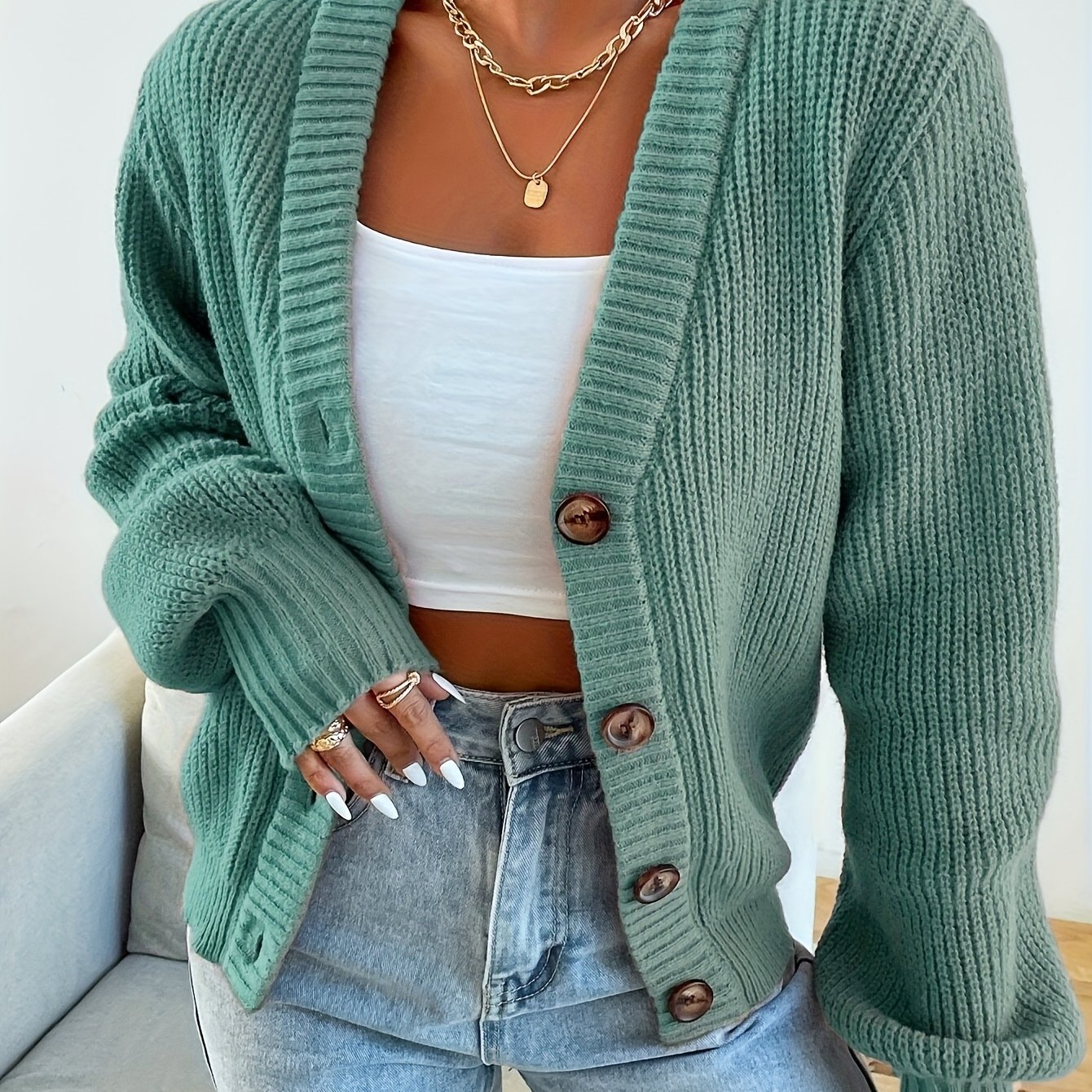 E-shop Damen Casual Alltagskleidung Einfarbig Einfach Locker V-Ausschnitt Knopf Langarm Cardigan für Herbst Winter
