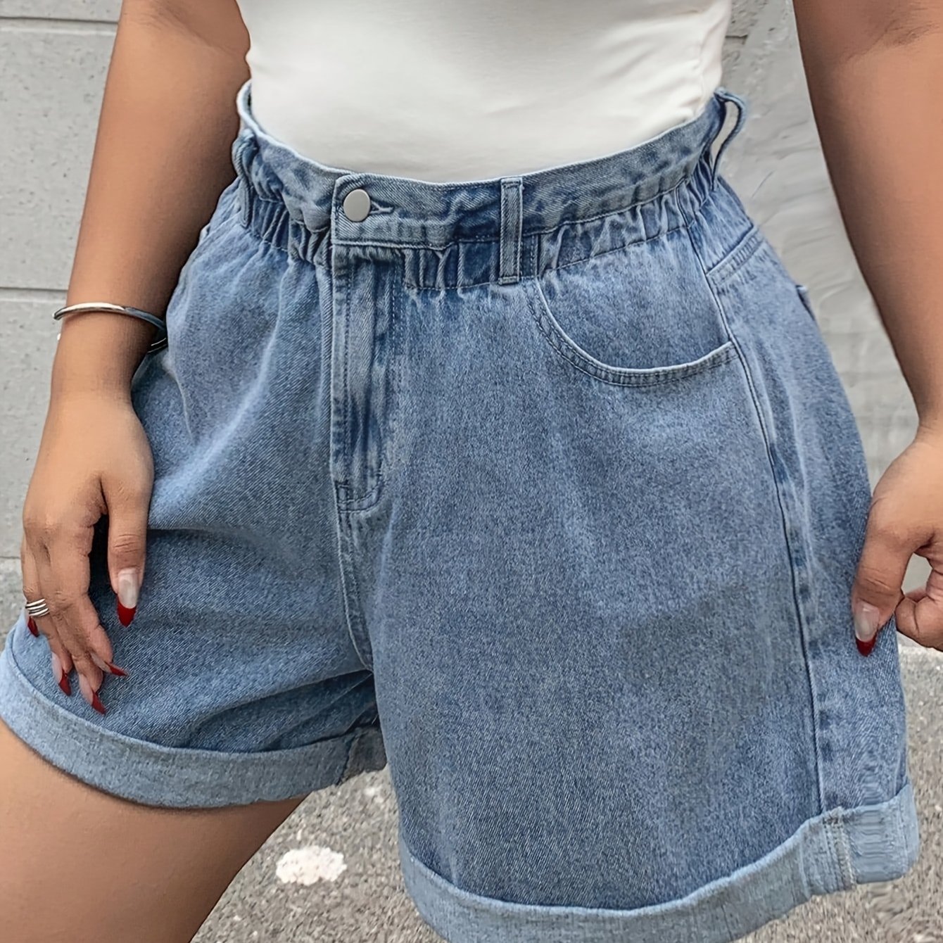 Image of 2026ss Light Blue Elastic Waist Denim Shorts, Loose Wide-, Rolled Hem, Stretchy Waistband, Versatile , Comfortable For Summer