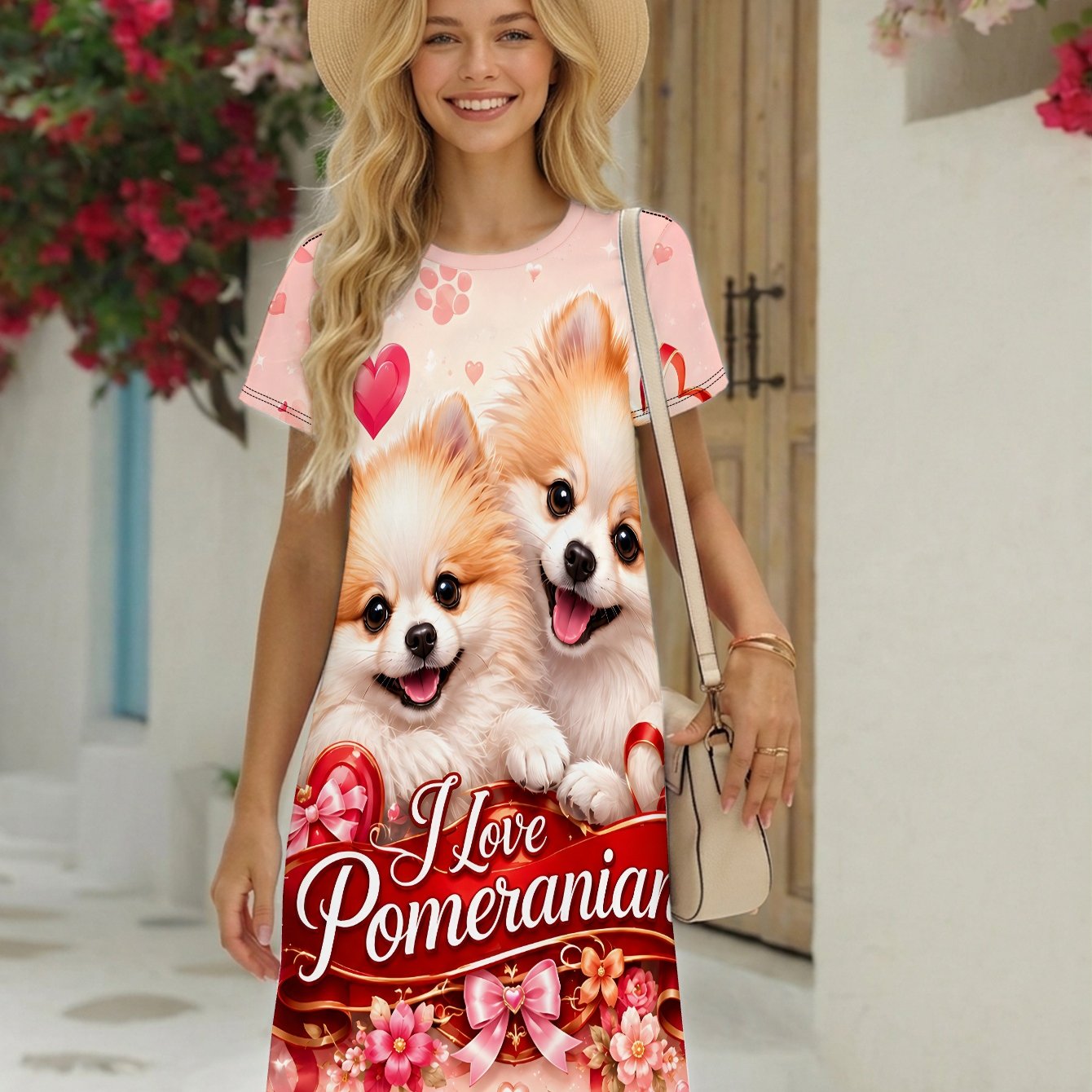 TEMU I Love Pomeranians Women's Round Neck T-shirt Dress With Full Print