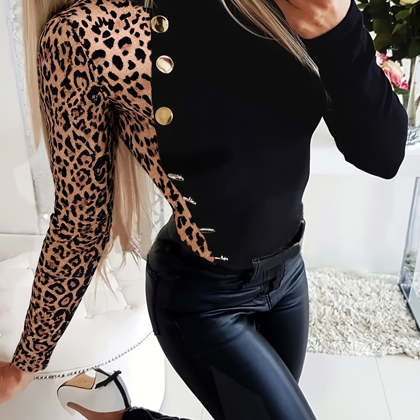 E-shop Herbst Neuankömmling Damen Elegante und stilvolle Bluse mit Leopardenmuster, asymmetrischem Knopfdesign, hoher Kragen, langen Ärmeln und T-Shirt
