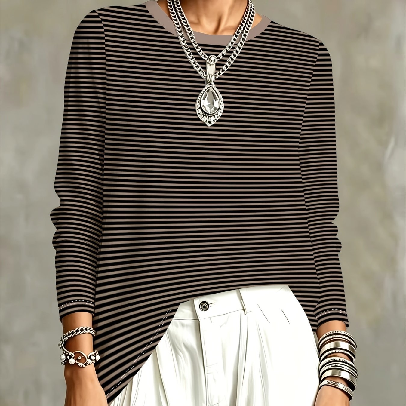 TEMU Women's Retro Color-block Striped Pattern Printed Round Neck Long Sleeve T-shirt, Non-sequin. Inner And Outer Wear Casual Top Base Layer Long