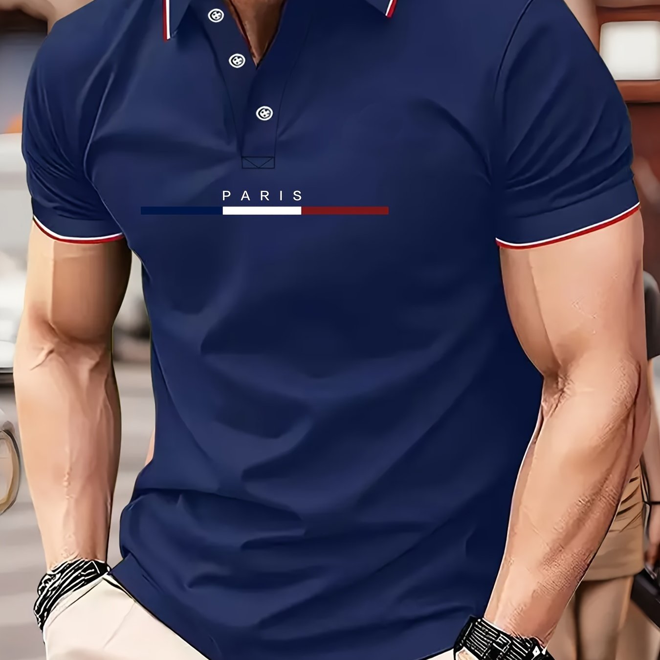 TEMU Paris White Stripe Design Print, Men's Golf T-shirt Breathable Comfortable Casual Short Sleeve Polyester Button Slight Stretch For Daily Wear