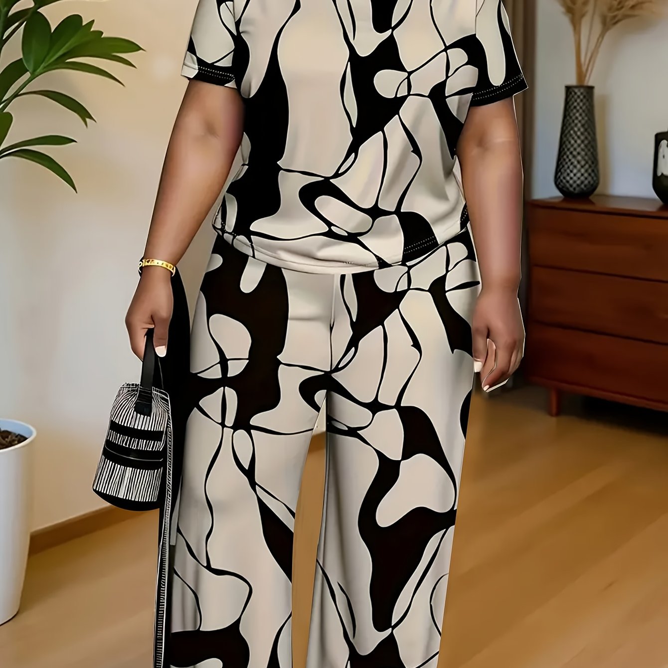 TEMU Women's Elegant Printed Two-piece Set: Soft And Comfortable Top   Wide-leg Pants, Perfect For Walking, Lounging, Travel, Vacation, And More