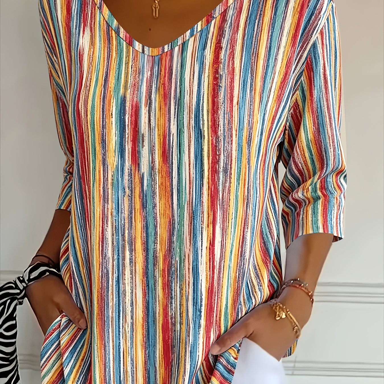 TEMU Plus Size, Women's Plus Size V-neck T-shirt - Striped Print -compatible Top | Colorful Full-body | Machine Washable Suitable For Spring Summer