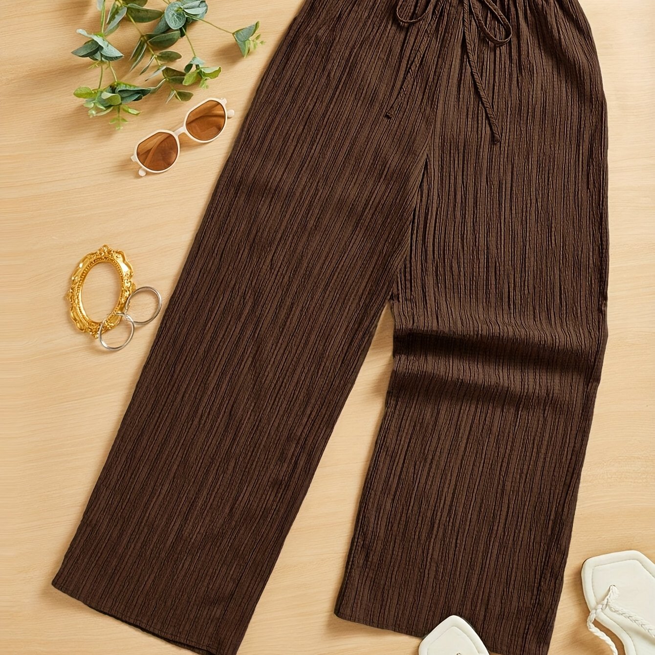 TEMU Elegant Solid Color Textured Elastic Waistband With Drawstring Casual Women's Straight-leg Pants