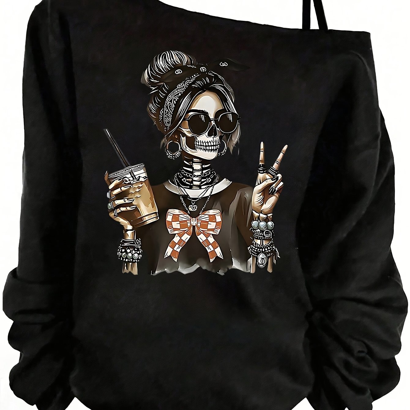 E-shop Sportlicher Langarm-Pullover mit Druck | Asymmetrischer Halsausschnitt, leicht dehnbarer Stoff, Herbst/Winter