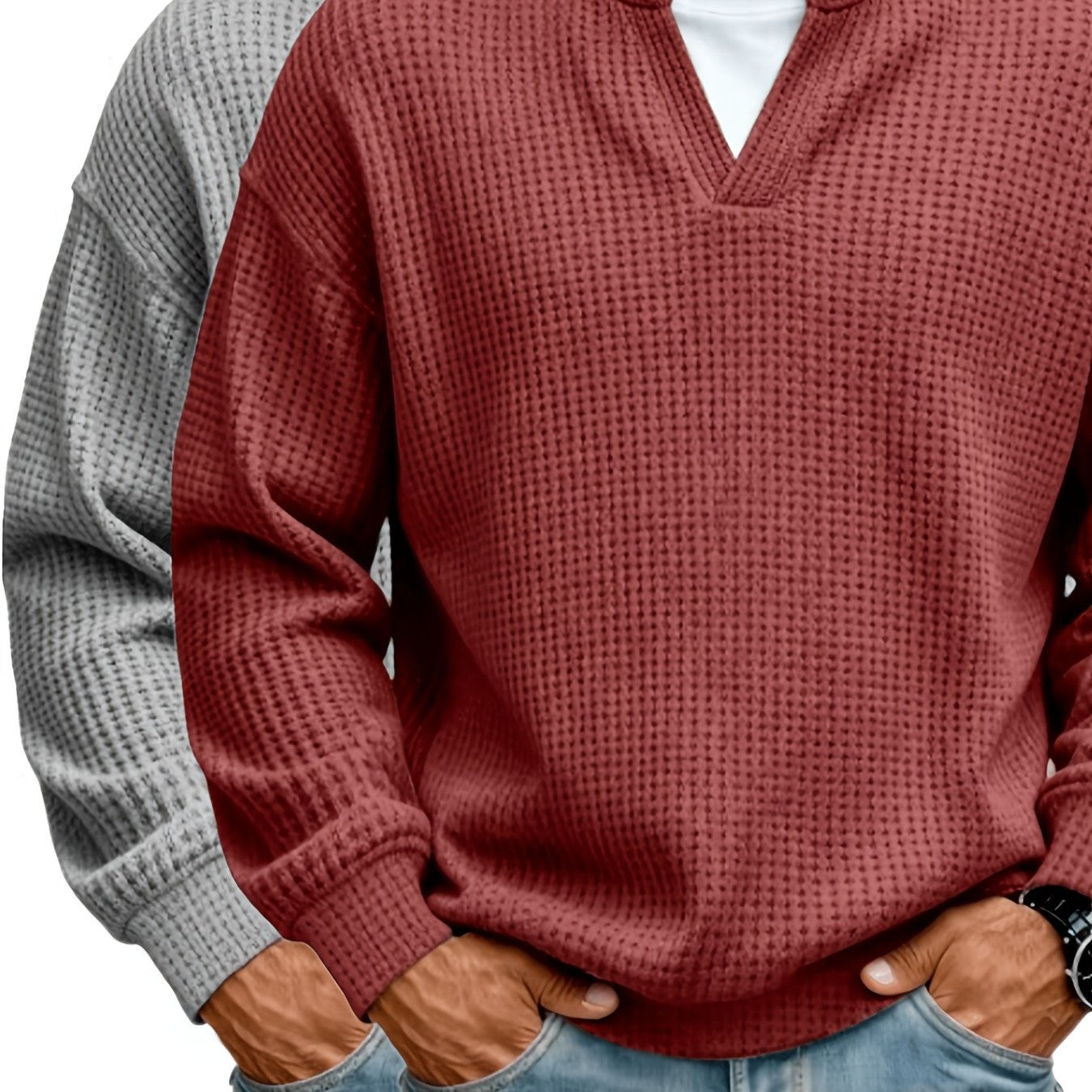 Image of 2pcs Men's Waffle Fake 2pcs Henley Shirt, Long Sleeve V Notch Neck Solid Color Casual Pullover Tops For Spring Autumn Men's Fashion Hoodie