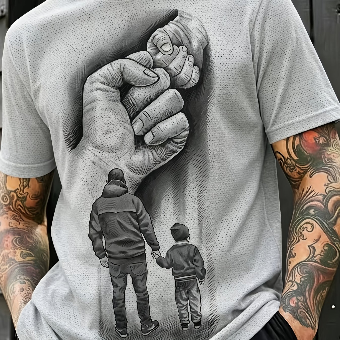 TEMU Men's Casual Sport T-shirt, Light Gray Holding Hands Print Trendy T-shirt, Ceiling For Summer Outfits, For Daily Commuting T-shirt - Polyester