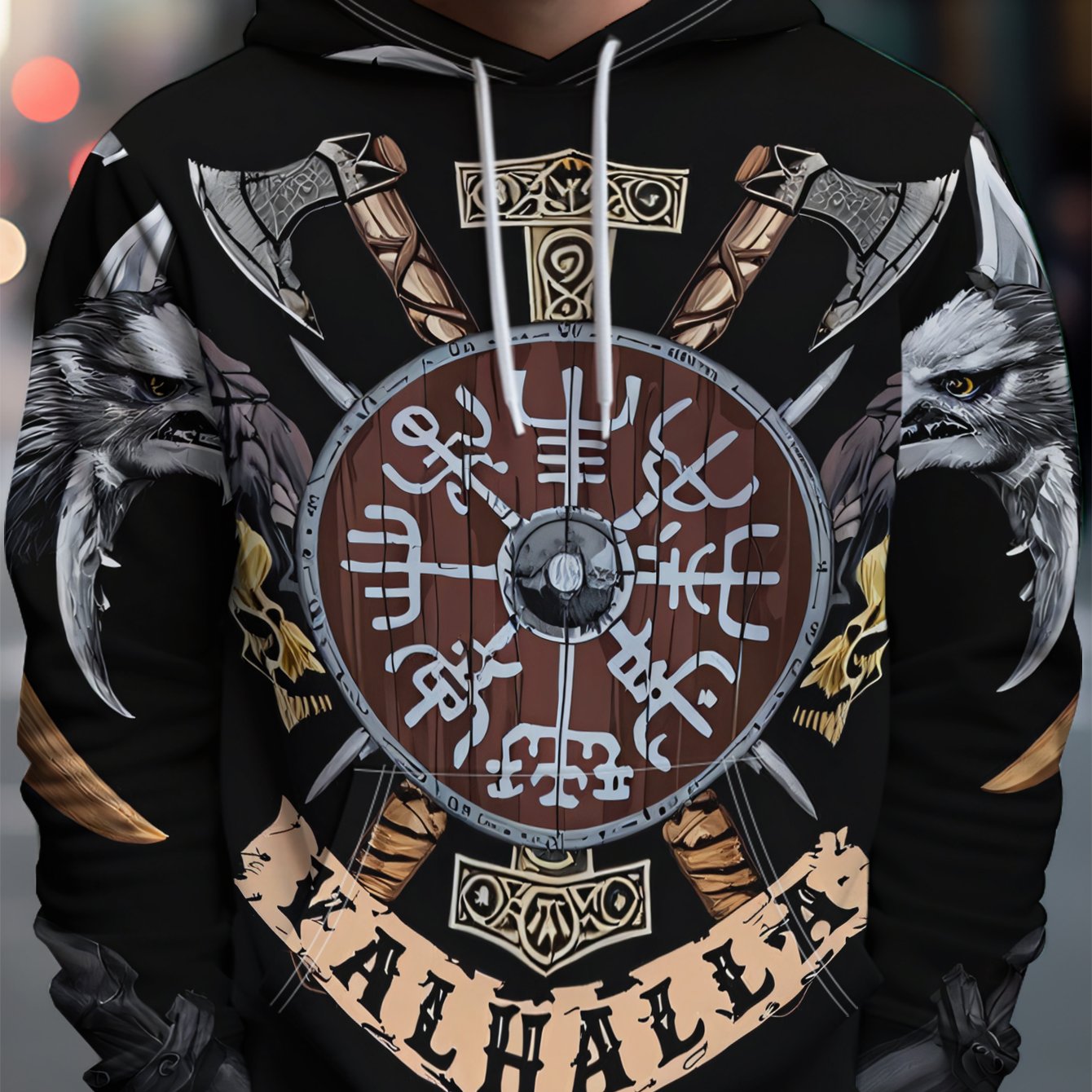 Men's Personalized Trendy Brand Street Style Hoodie Nordic Style Badge With Shield Eagle Head Double Axe Machine Washable_voghion.com