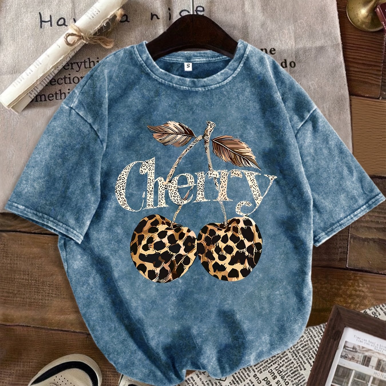 Image of Summer Women's Fun T-shirt Short Sleeve Leopard Print Cherry Lettering Regular Loose Fashion Snowflake Washed Distressed Tee