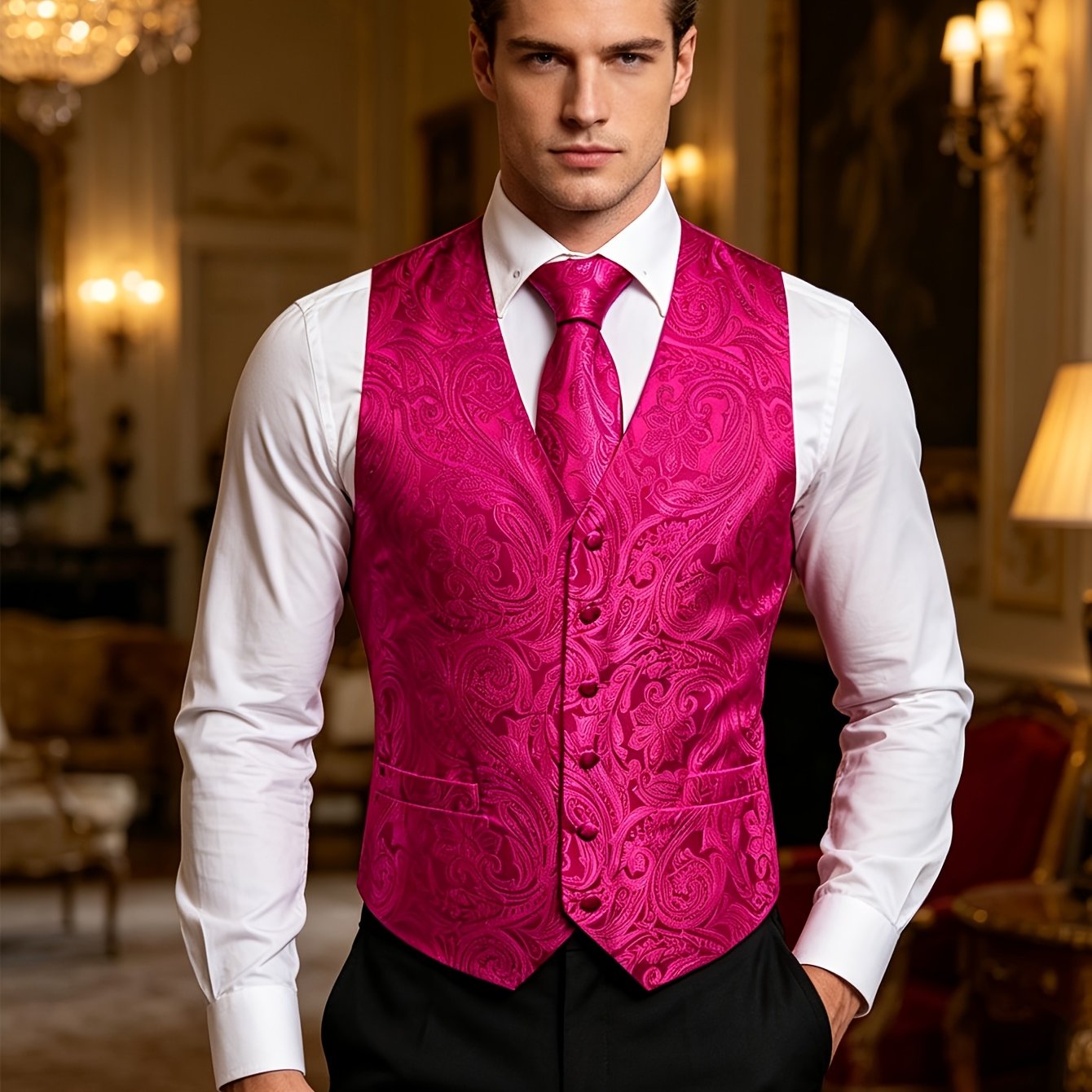 Plus Size Men's Chic Magenta Paisley Jacquard V-neck Waistcoat Vest & Tie & Pocket Square 3pcs Set, Formal Suit Set For Business Occasions
