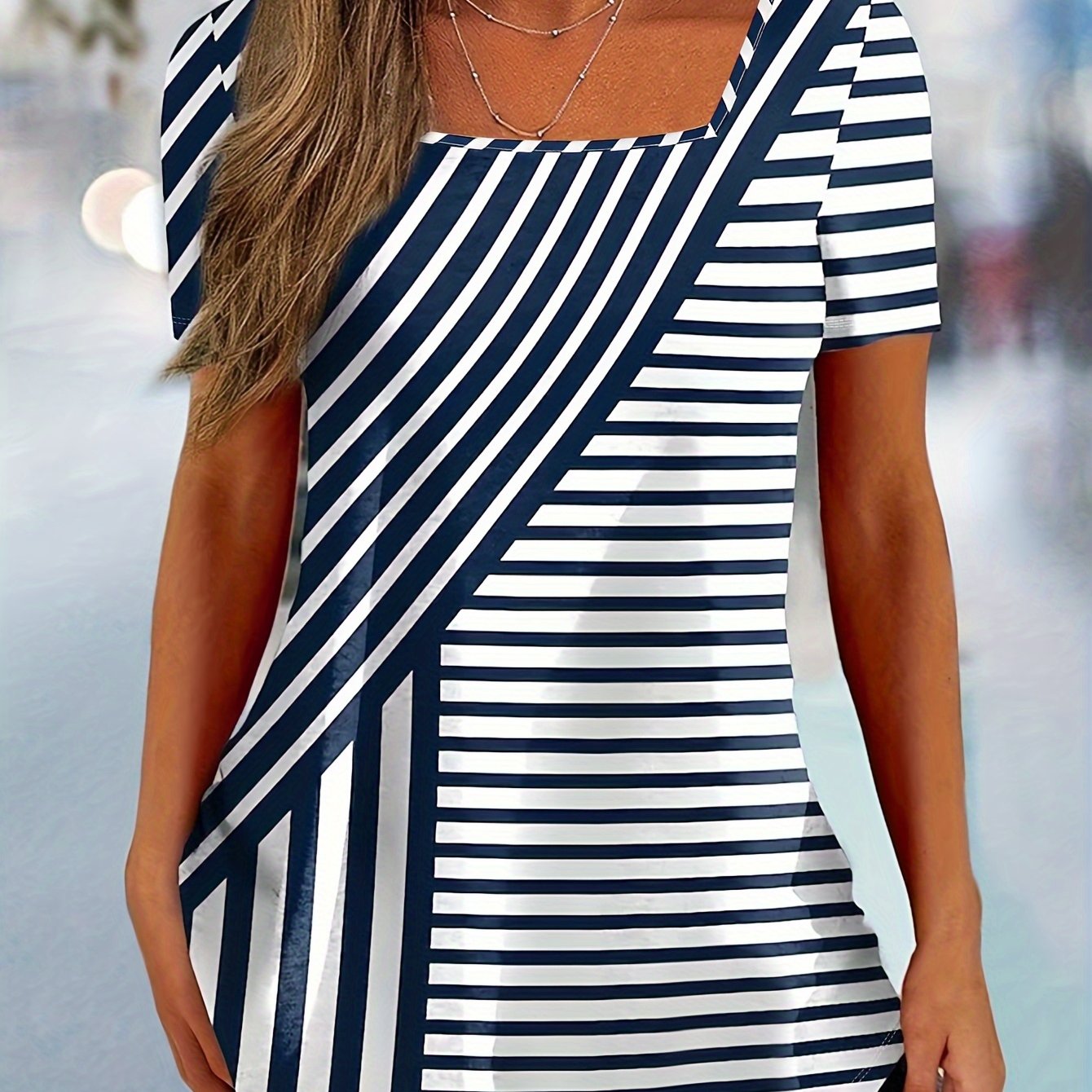 TEMU Camiseta de cuello cuadrado estampada a rayas, top casual de manga corta para y verano, ropa de mujer