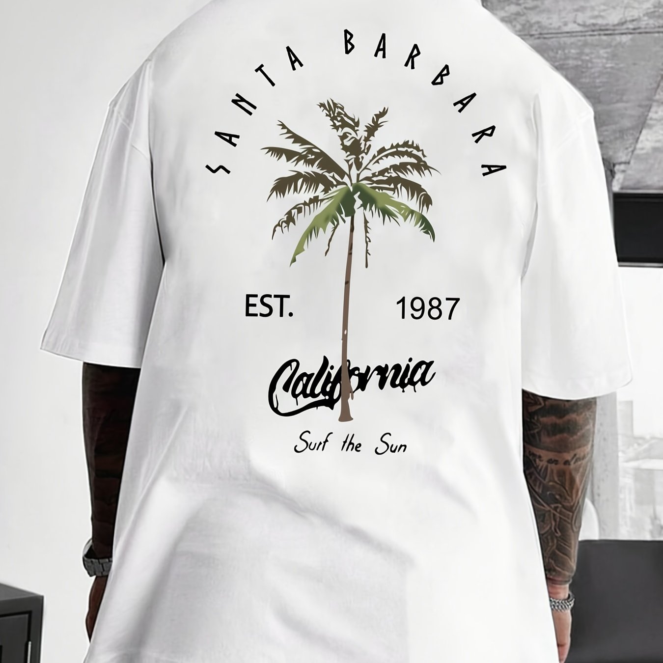 TEMU Men's Coconut Tree Letter Print Summer Round Neck T-shirt