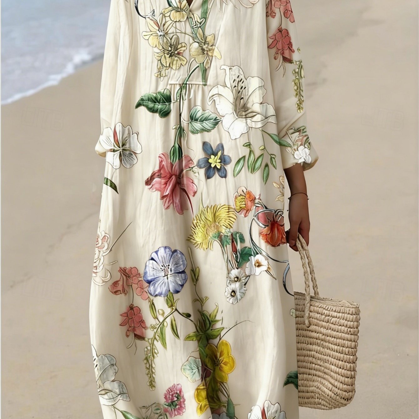 Image of Plus Size, Plus Size Women's Vacation Wind Contrasting Color Striped Color Matching Dress, Loose V-neck Summer Casual Beach Dress