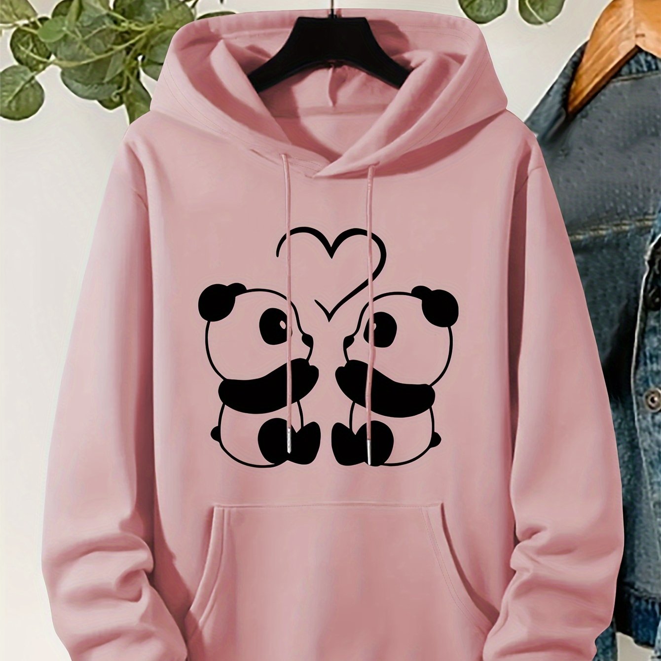 TEMU Plus Size Print Drawstring Hoodie, Warm Fleece Lined Long Sleeve Sweatshirt For Fall & Winter, Women's Plus Size Clothing