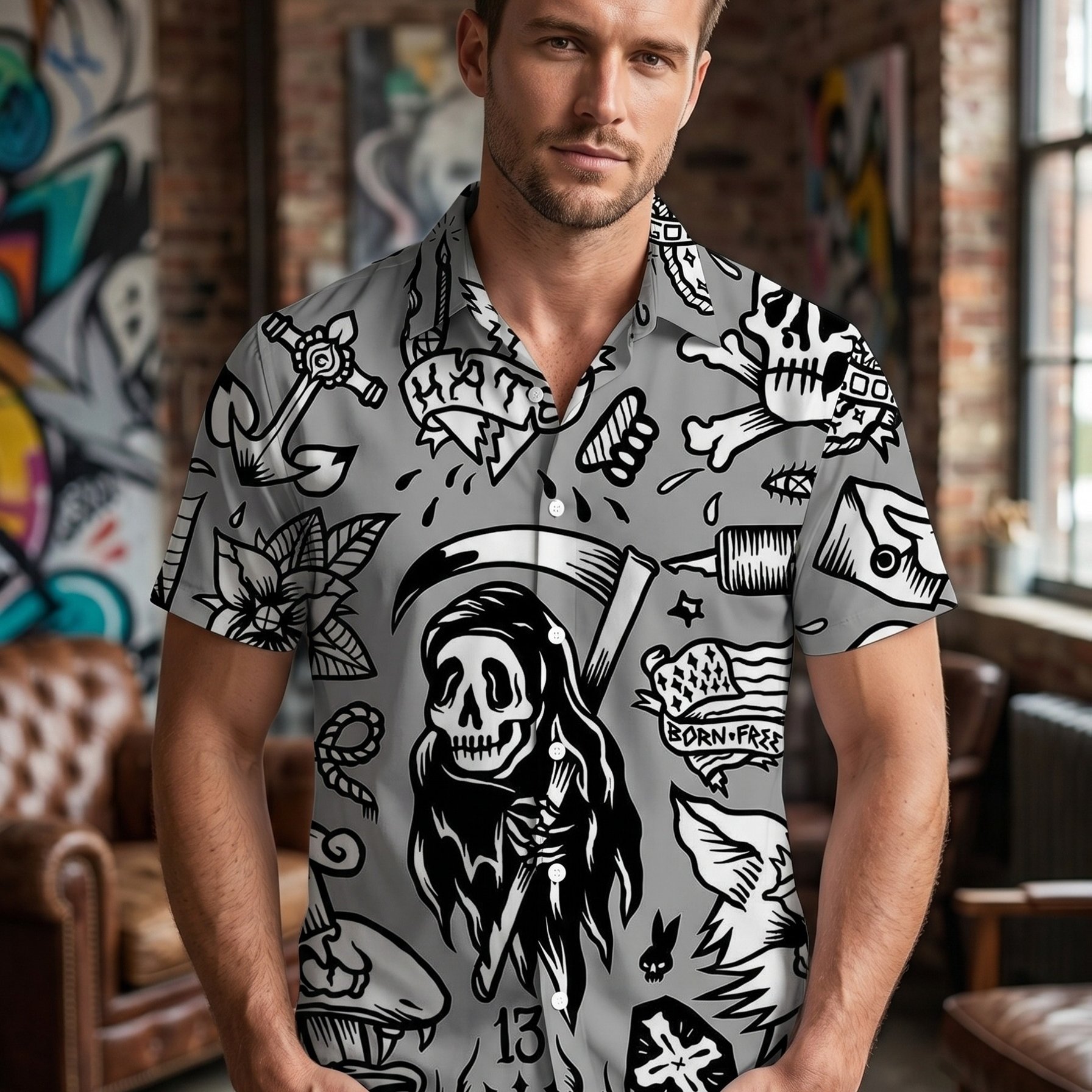 Image of Death Skull Pattern 3d Print Men's Shirt Hawaiian Style Casual Vacation Trachten Shirt