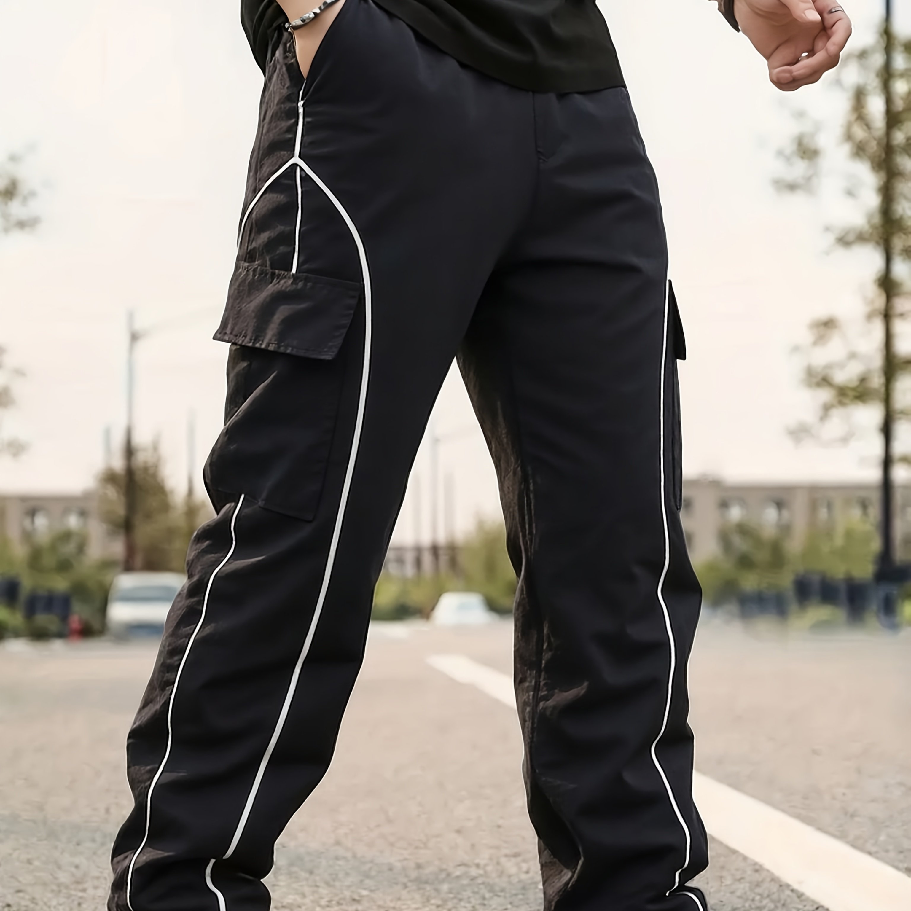 E-shop Herren High-Waist Jogginghose mit Color-Block (Grau/Schwarz) – Gerade gestreifte Sportliche Hose, Kordelzugbund & Gürtellos für Frühling/Herbst