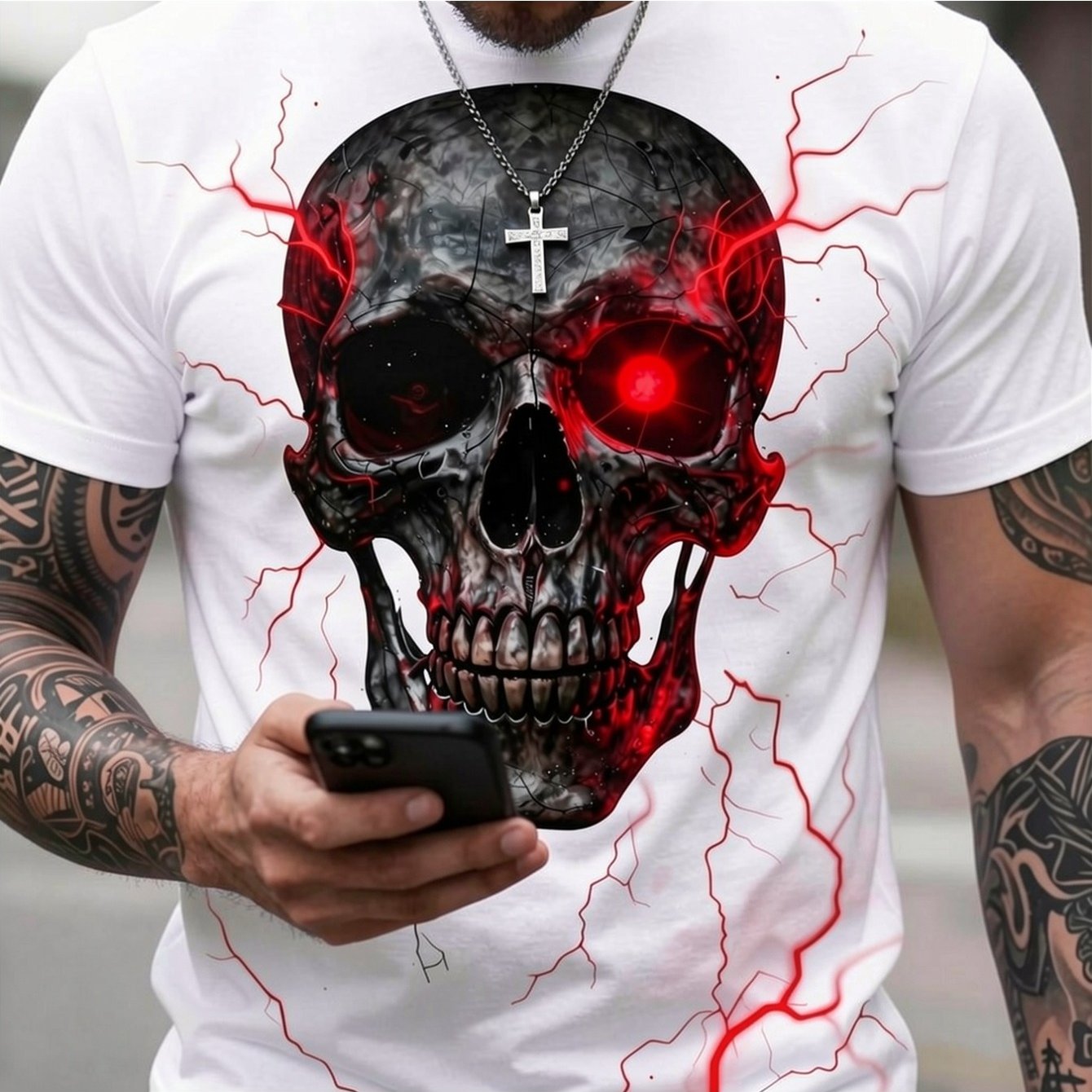 3d Skull Print, Men's Graphic Neck , Casual Tshirts For Summer, Men's Clothing Tops For Daily Gym Workout Running
