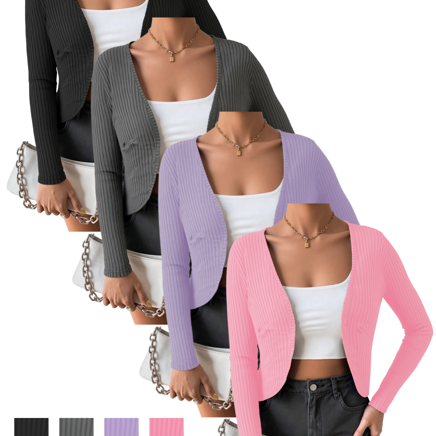 TEMU 4pcs Set Of Ribbed Detail Long-sleeve Cardigan And Cropped Jacket, A Relaxed Everyday Feel. Perfect For Commuting Without Tightness, Shopping