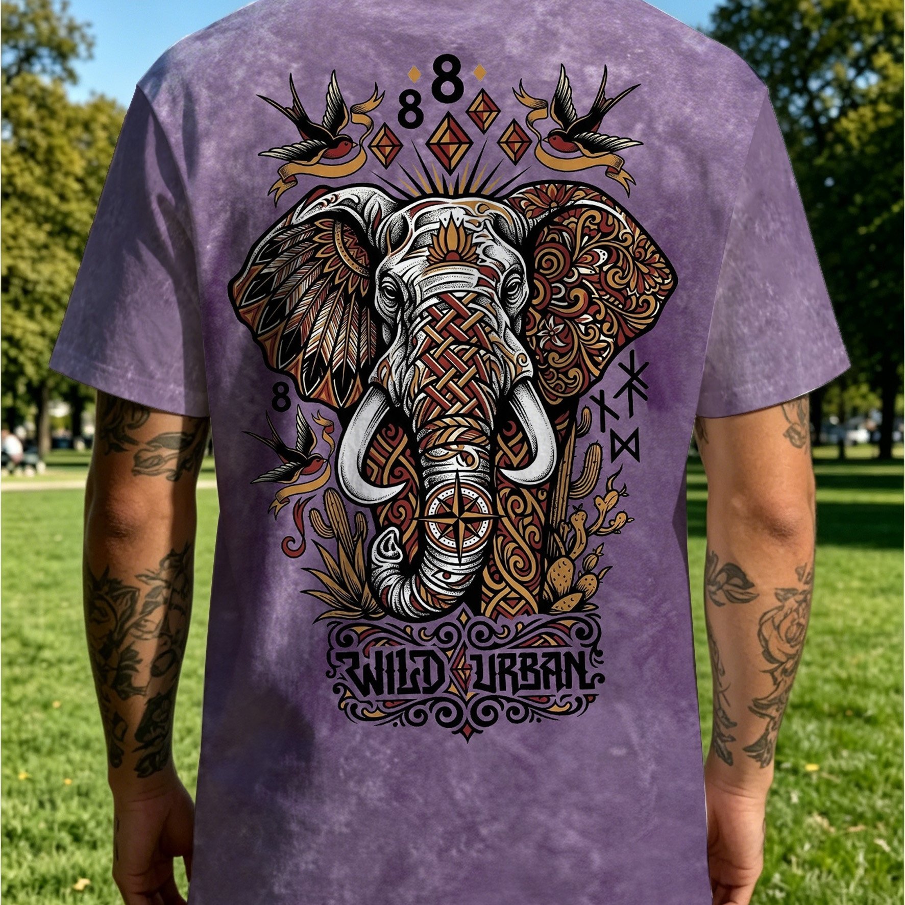 TEMU Printed Design â Not Textured: New Summer Fashion Trend Men's T-shirt, Distressed Washed Gray With Elephant And Swallow Print On The Back, Men'