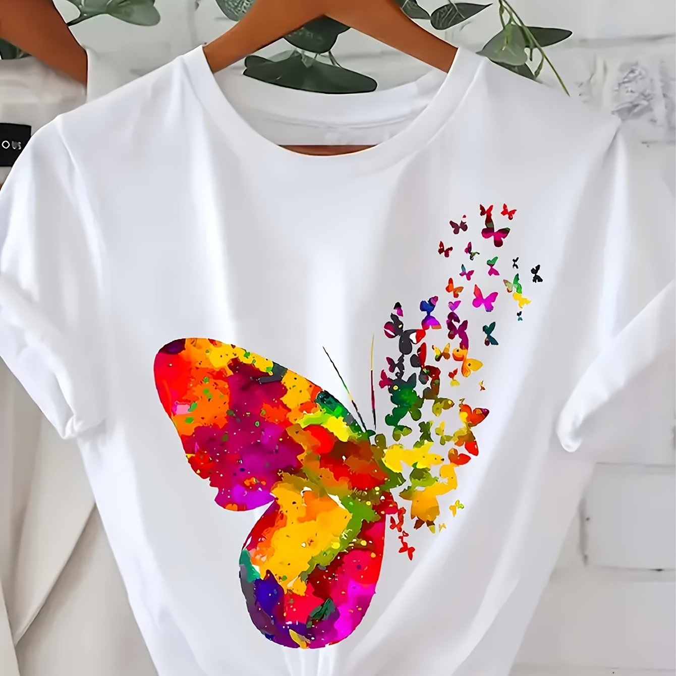 TEMU Print T-shirt, Short-sleeved Round Neck Casual Top, Summer And Spring, Women's Wear
